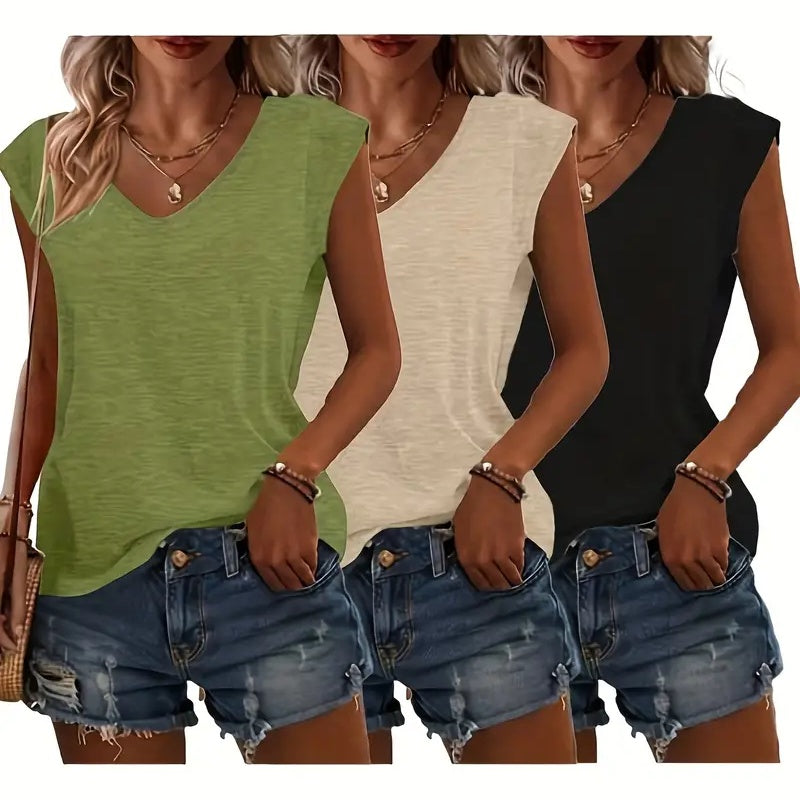 3-Pack Women's Cap Sleeve V-Neck Tank Tops Casual Loose Fit Basic Tees