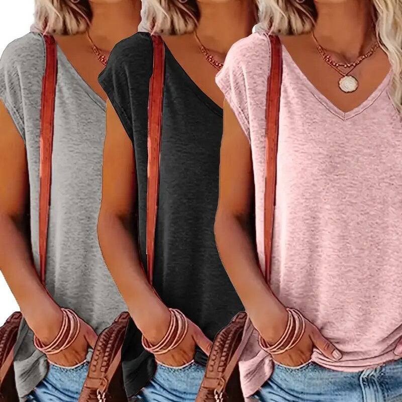 3-Pack Women's Cap Sleeve V-Neck Tank Tops Casual Loose Fit Basic Tees