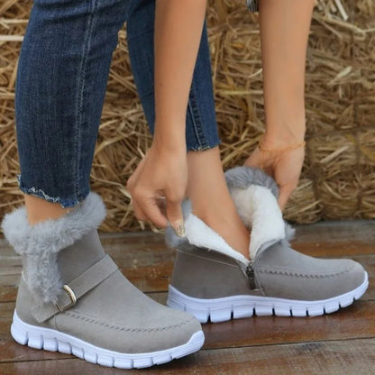 New Snow Boots Winter Warm Thickened Solid Color Plush Ankle Boots With Buckle Design Plus Velvet Flat Shoes For Women