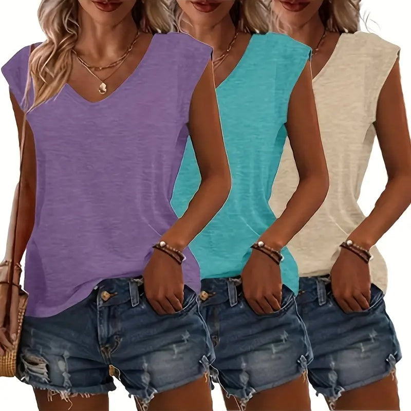 3-Pack Women's Cap Sleeve V-Neck Tank Tops Casual Loose Fit Basic Tees