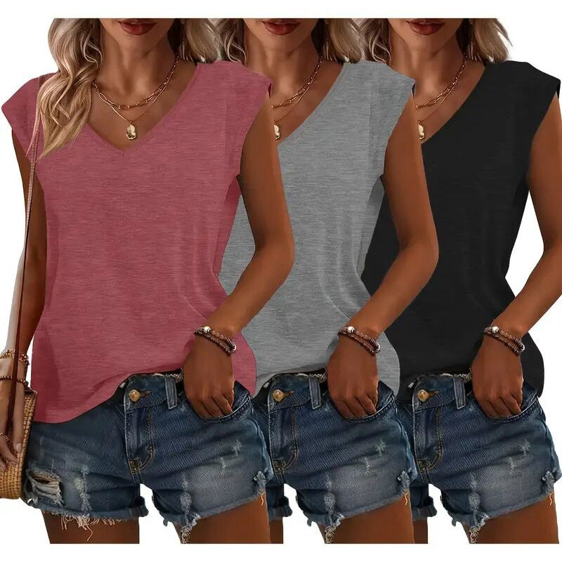 3-Pack Women's Cap Sleeve V-Neck Tank Tops Casual Loose Fit Basic Tees