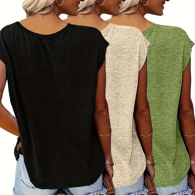 3-Pack Women's Cap Sleeve V-Neck Tank Tops Casual Loose Fit Basic Tees