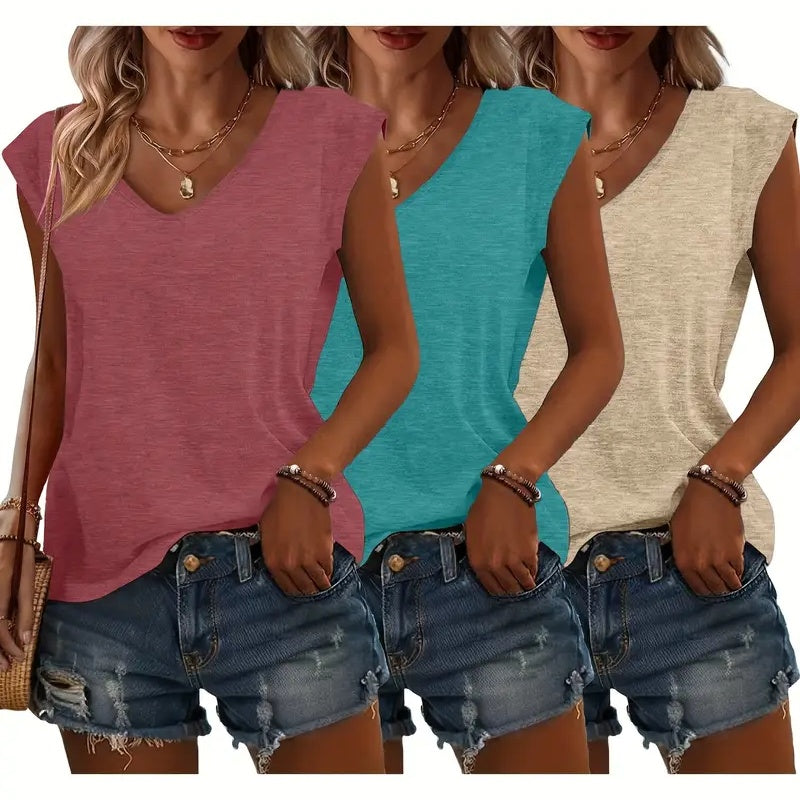 3-Pack Women's Cap Sleeve V-Neck Tank Tops Casual Loose Fit Basic Tees
