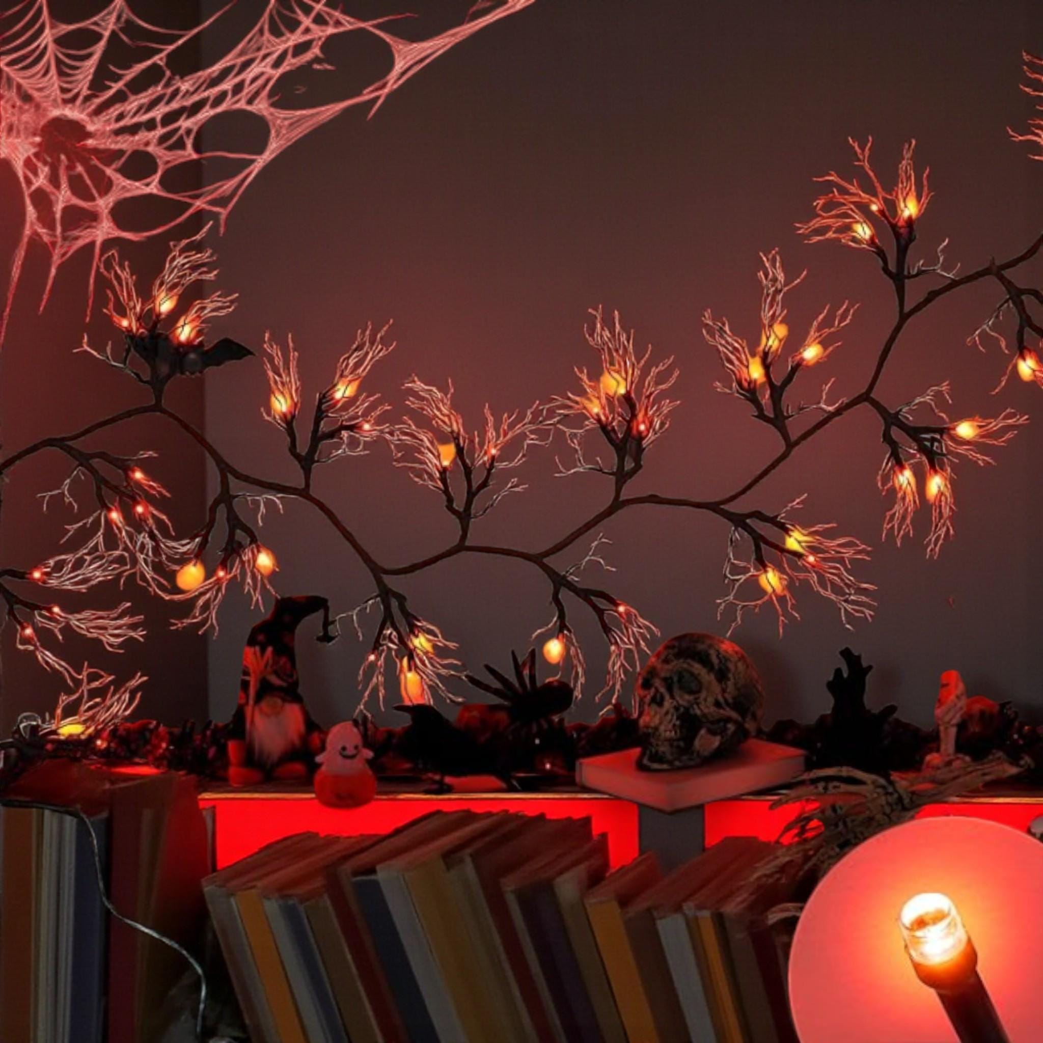 6FT Halloween Willow Vine Garland, 45 LED Black Twig Lights with Orange & Purple, Timer 8 Modes, Battery Indoor Wall Mantle Decor