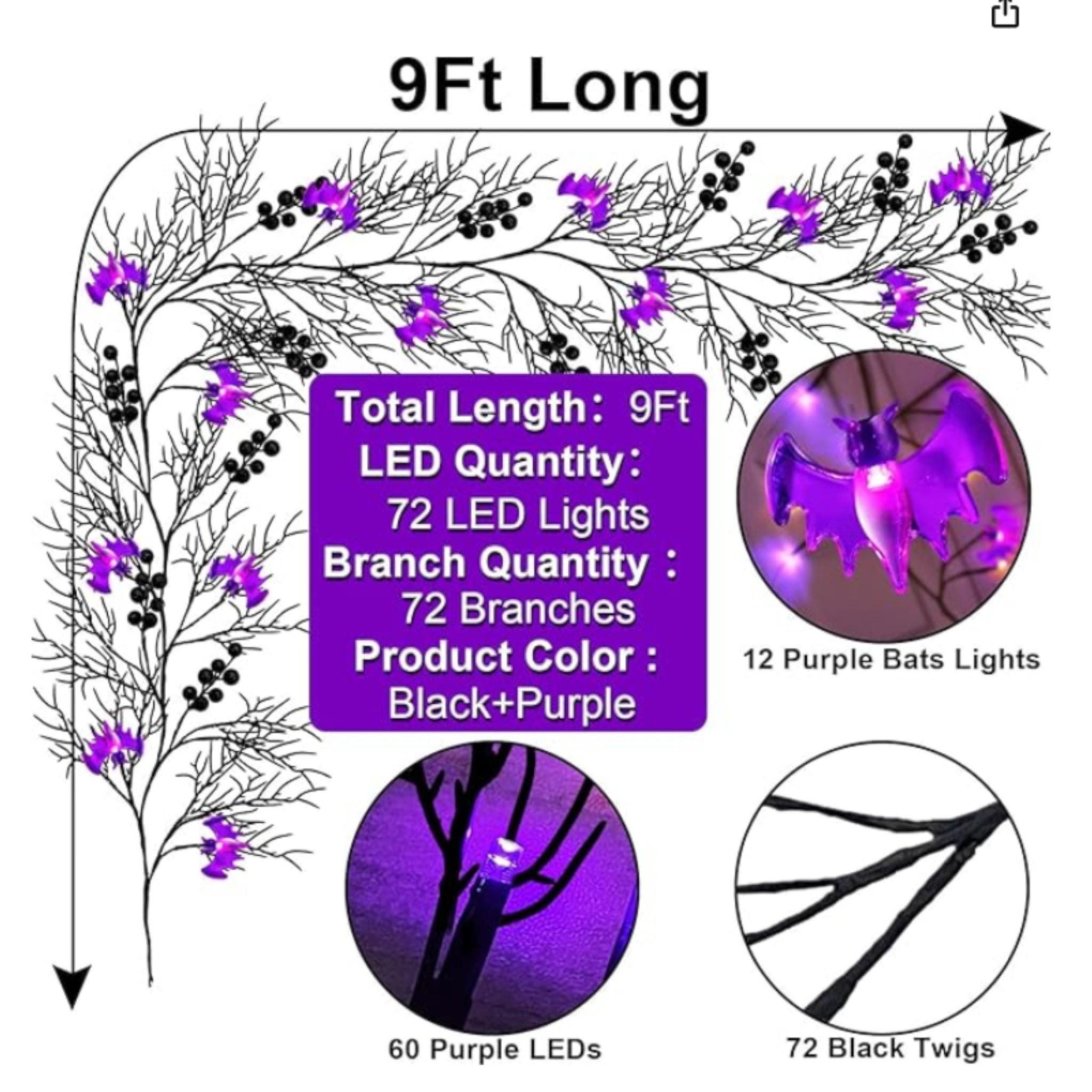 6FT Halloween Willow Vine Garland, 45 LED Black Twig Lights with Orange & Purple, Timer 8 Modes, Battery Indoor Wall Mantle Decor