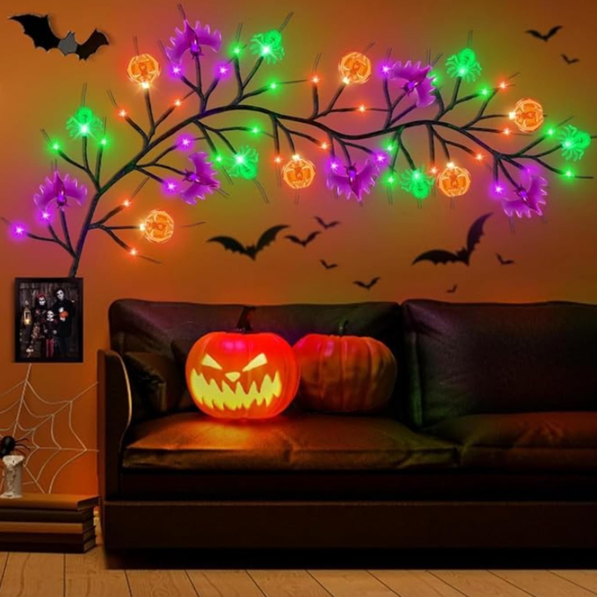 Halloween Willow Garland with Purple LED Lights & Bats - 9 FT