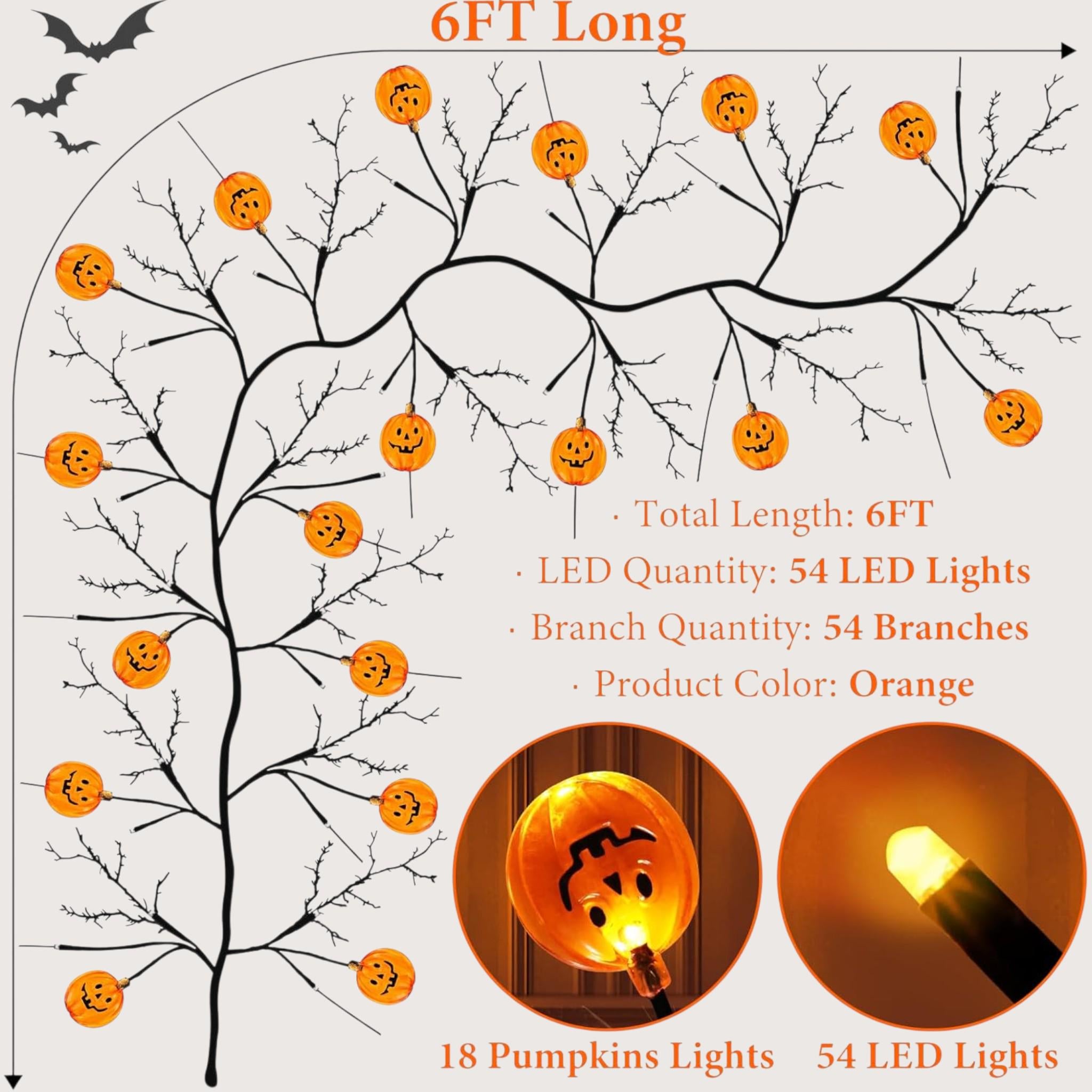 Halloween Pumpkin Garland, 6FT Willow Vine with 54 LED Orange Lights