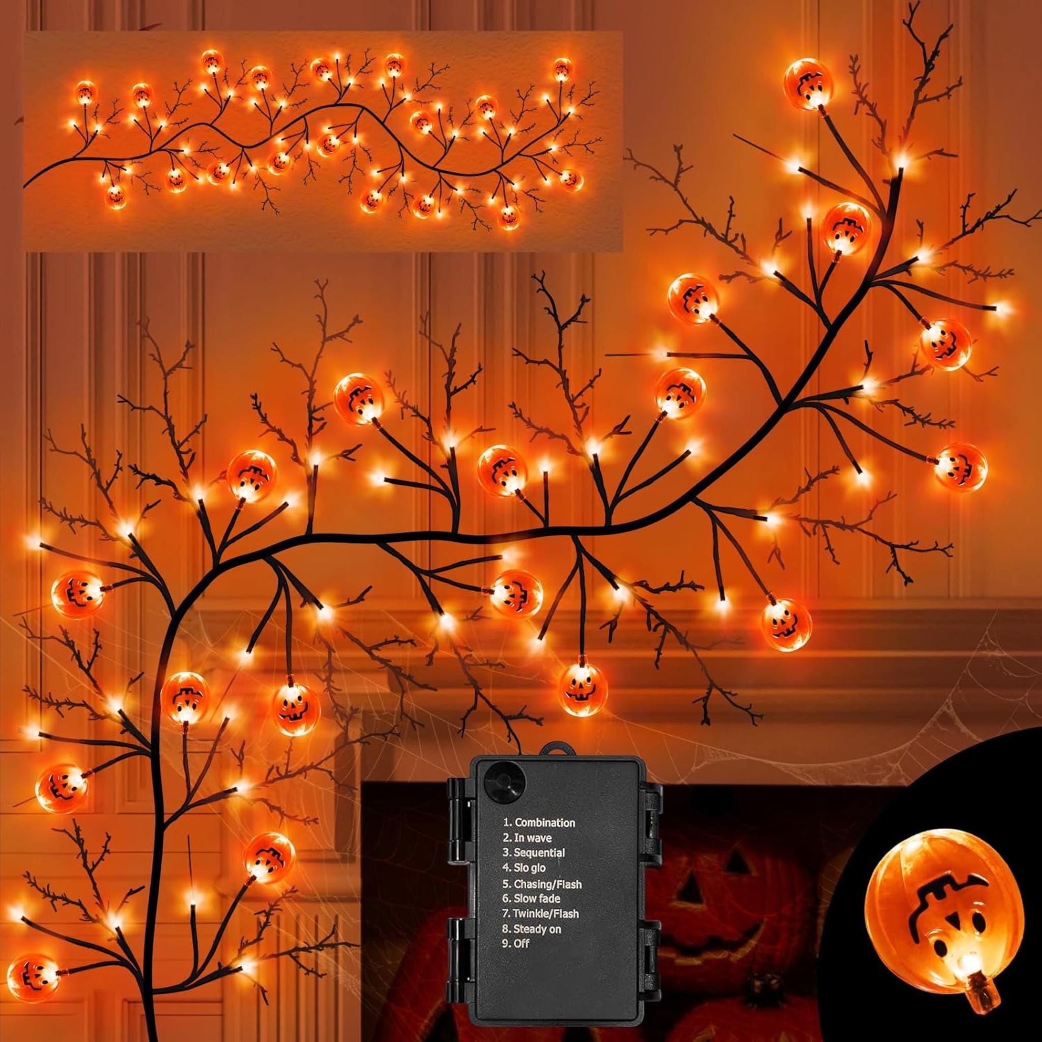 Halloween Pumpkin Garland, 6FT Willow Vine with 54 LED Orange Lights