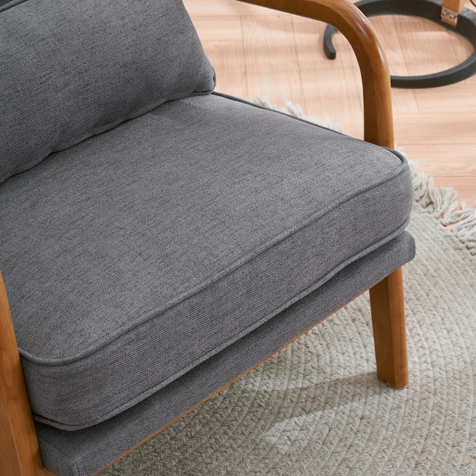 Oak Armrest Lounge Chair: Dark Grey Upholstered Mid-Century Modern Style