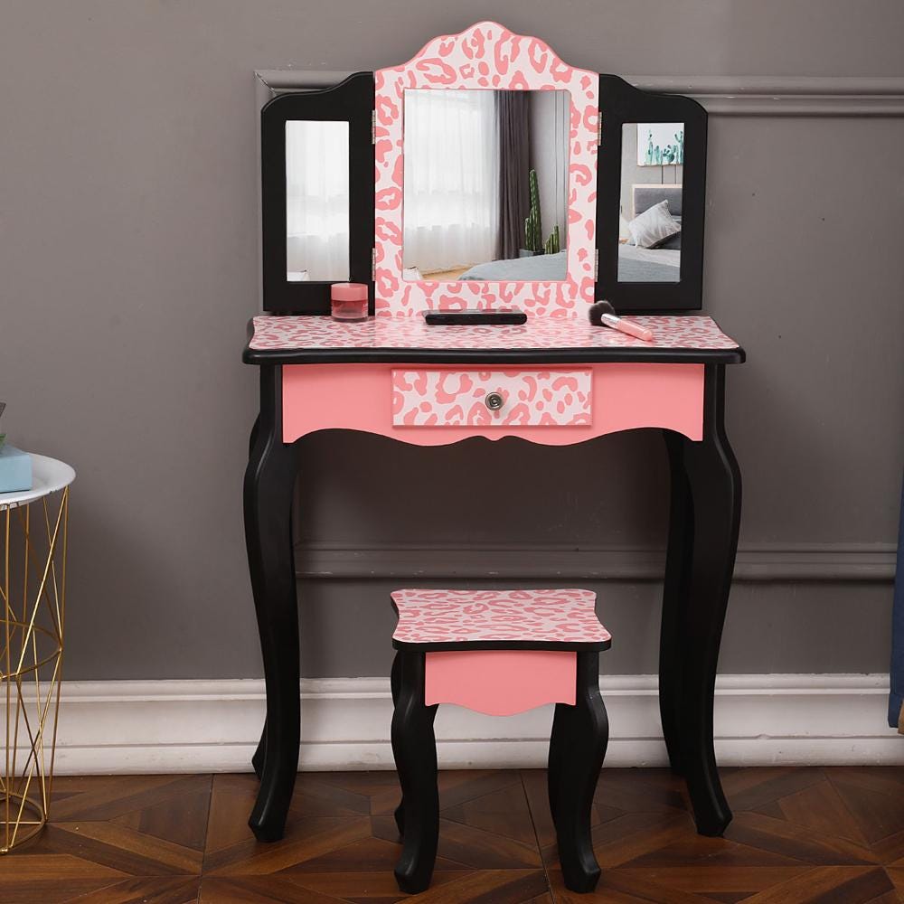 Red Leopard Print Kids Vanity Table with Tri-Fold Mirror