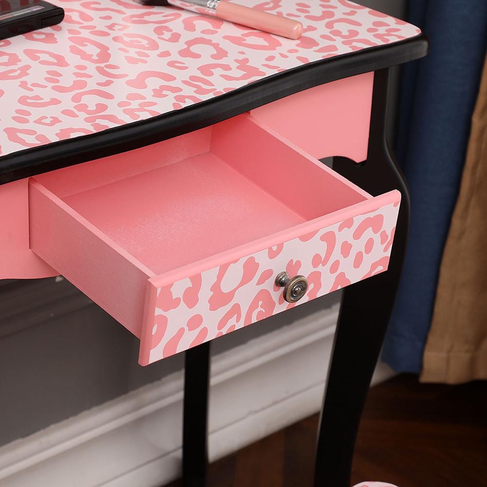 Red Leopard Print Kids Vanity Table with Tri-Fold Mirror