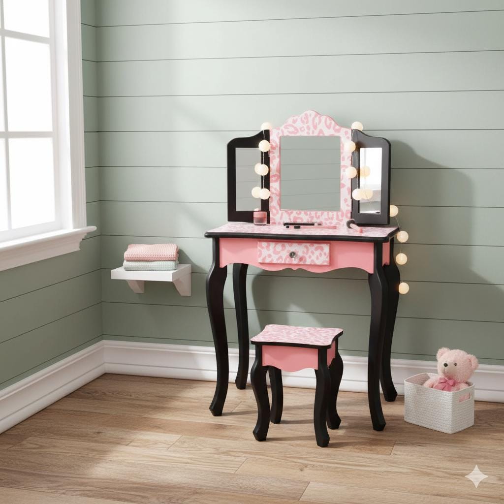 Red Leopard Print Kids Vanity Table with Tri-Fold Mirror