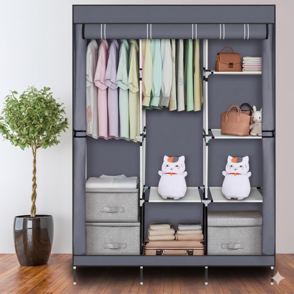 71" Portable Closet Wardrobe Organizer with Shelves, Gray Fabric Clothes Storage Rack