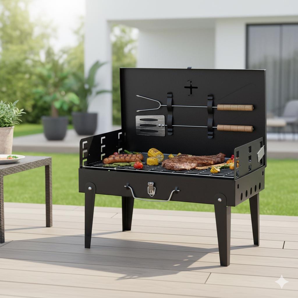 44x27x7cm Portable Charcoal Grill, Folding Outdoor BBQ Grill with Lid, Adjustable Height, Cast Iron Travel, Black