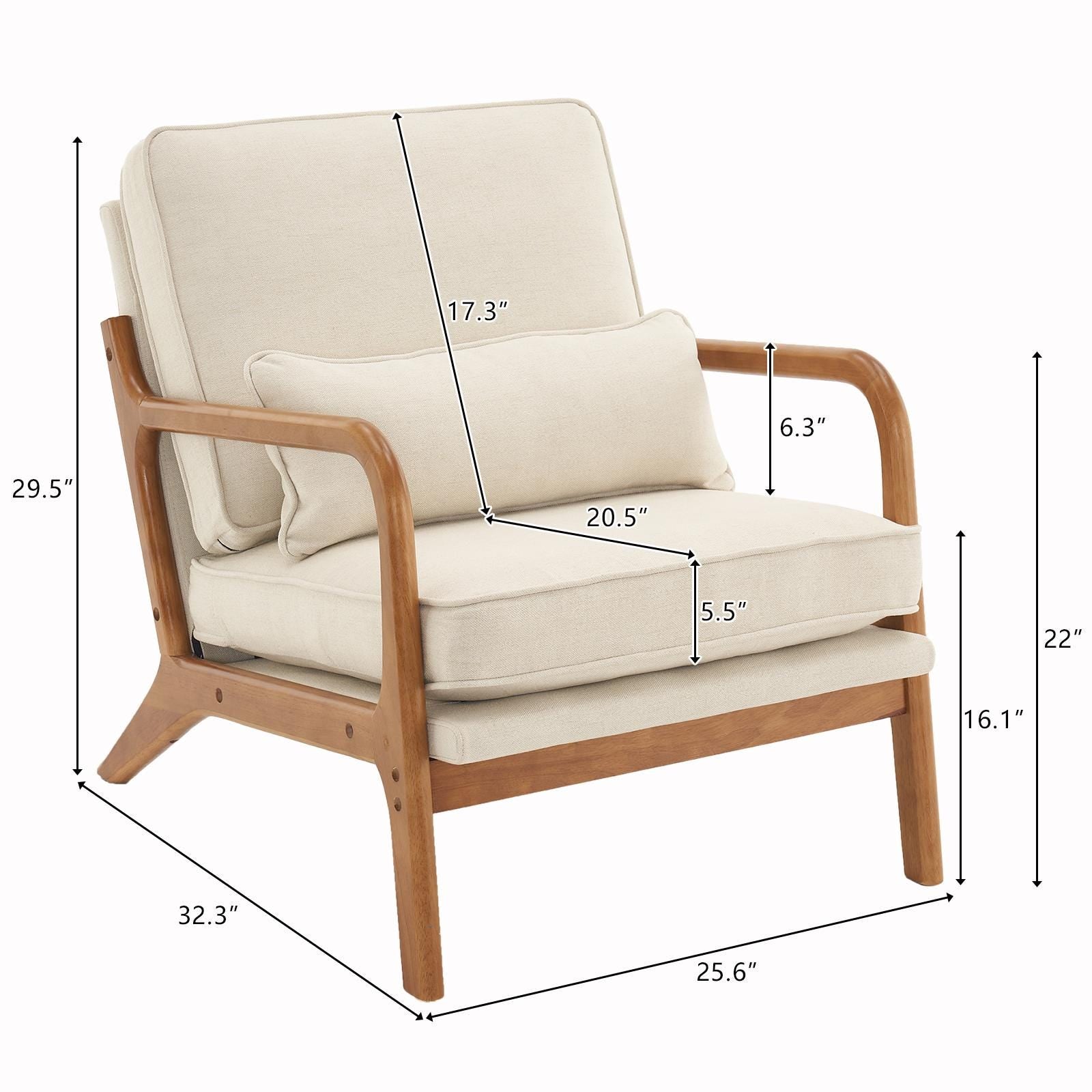 Off-White Linen Lounge Chair, Oak Armrest, Mid-Century Modern Accent