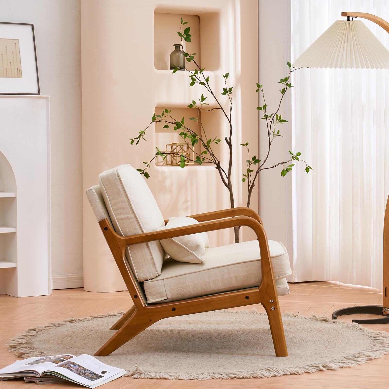 Off-White Linen Lounge Chair, Oak Armrest, Mid-Century Modern Accent