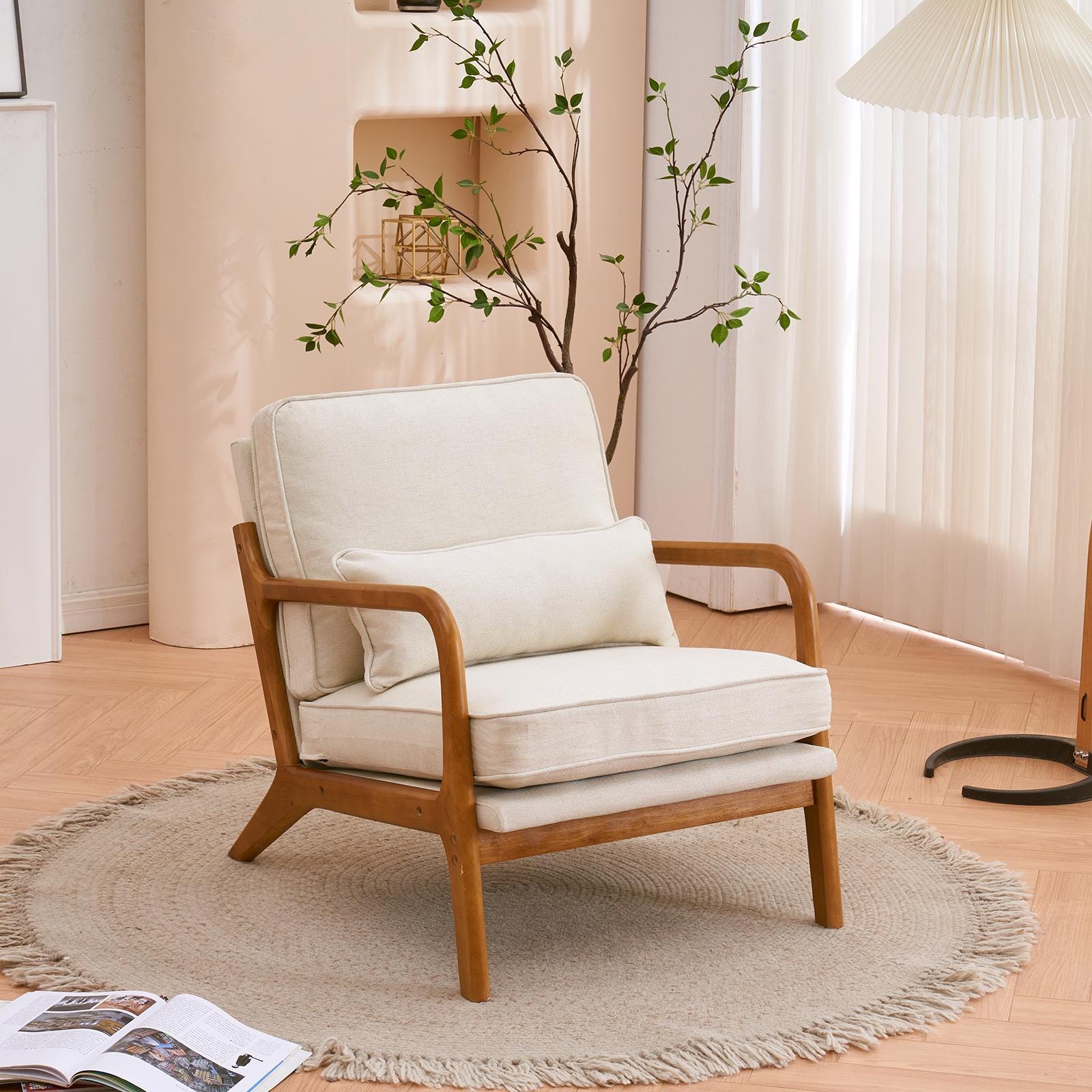 Off-White Linen Lounge Chair, Oak Armrest, Mid-Century Modern Accent