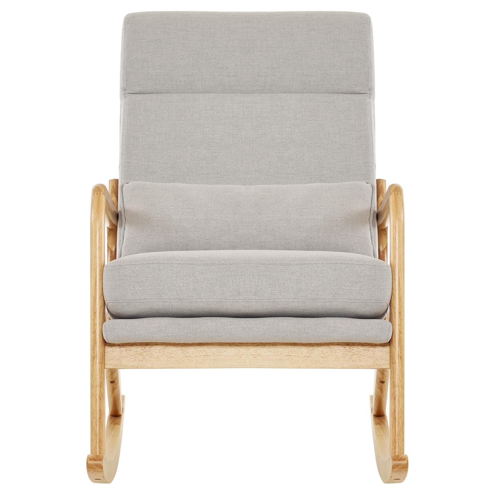 High Back Light Gray Rocking Chair with Solid Wood Armrest, Iron Frame, Linen Upholstered Seat, Dual-Use Indoor Armchair with Lumbar Pillow