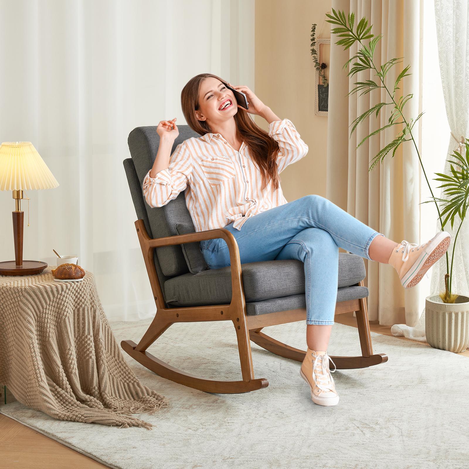 High Back Dark Gray Rocking with Solid Wood Armrest, Iron Frame, Linen Upholstered Seat, Dual-Use Indoor Armchair with Lumbar Pillow