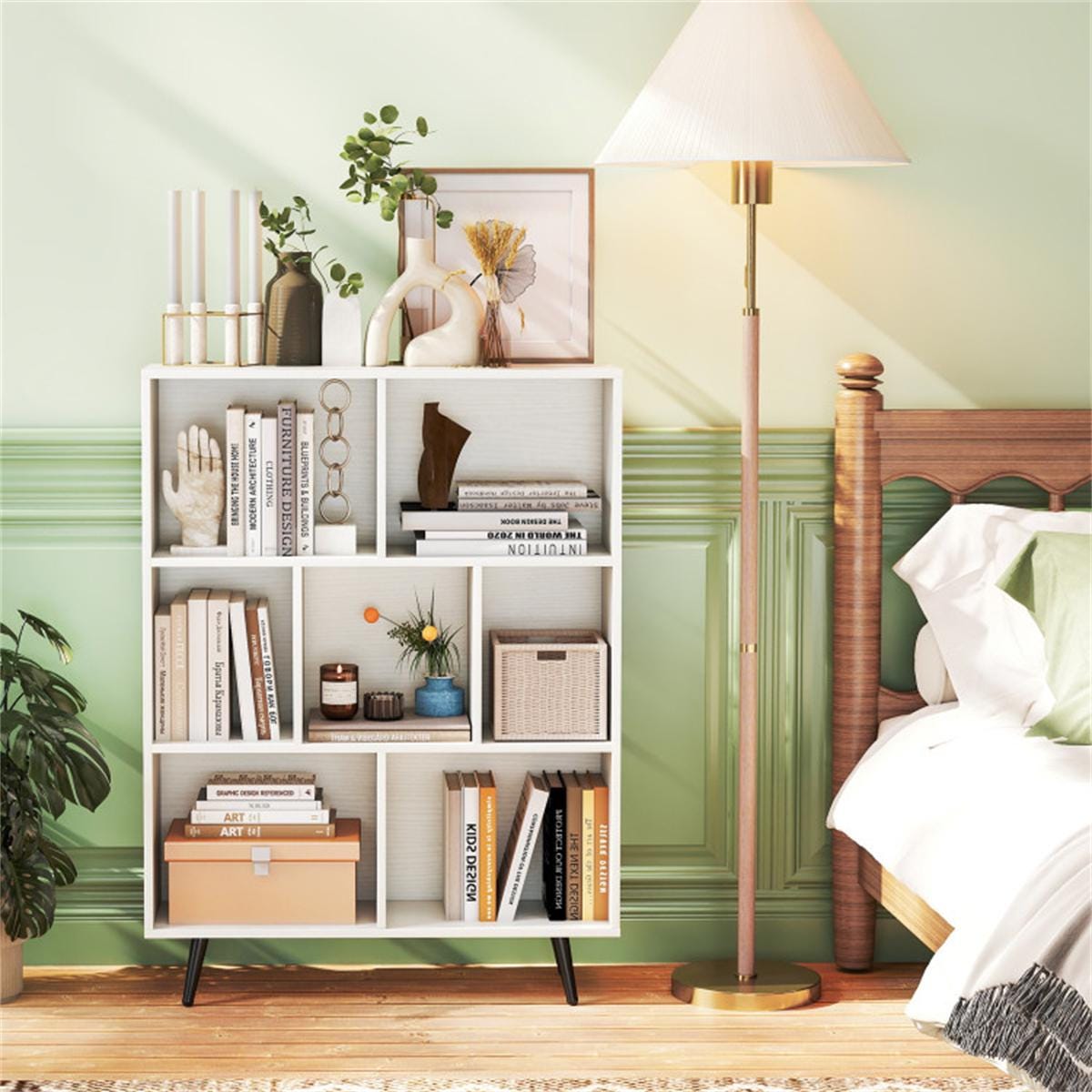 7 Cube 3 Tier Modern Bookcase White Bookshelf Storage Organizer with Metal Legs for Living Room Office Bedroom Home Decor