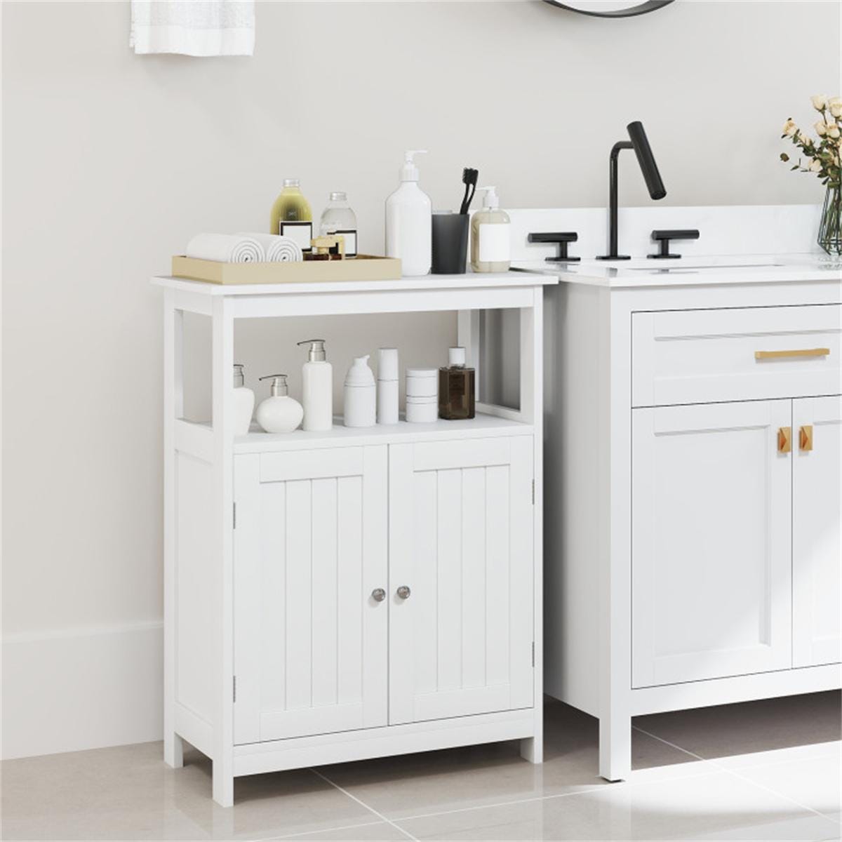 White MDF Bathroom Floor Cabinet with Adjustable Shelves