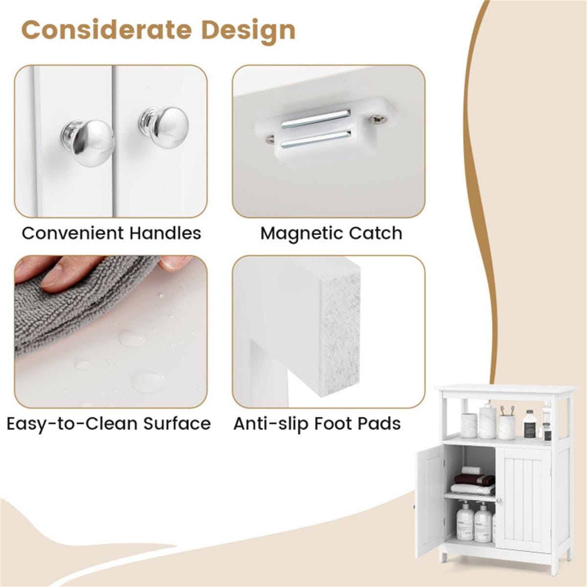 White MDF Bathroom Floor Cabinet with Adjustable Shelves