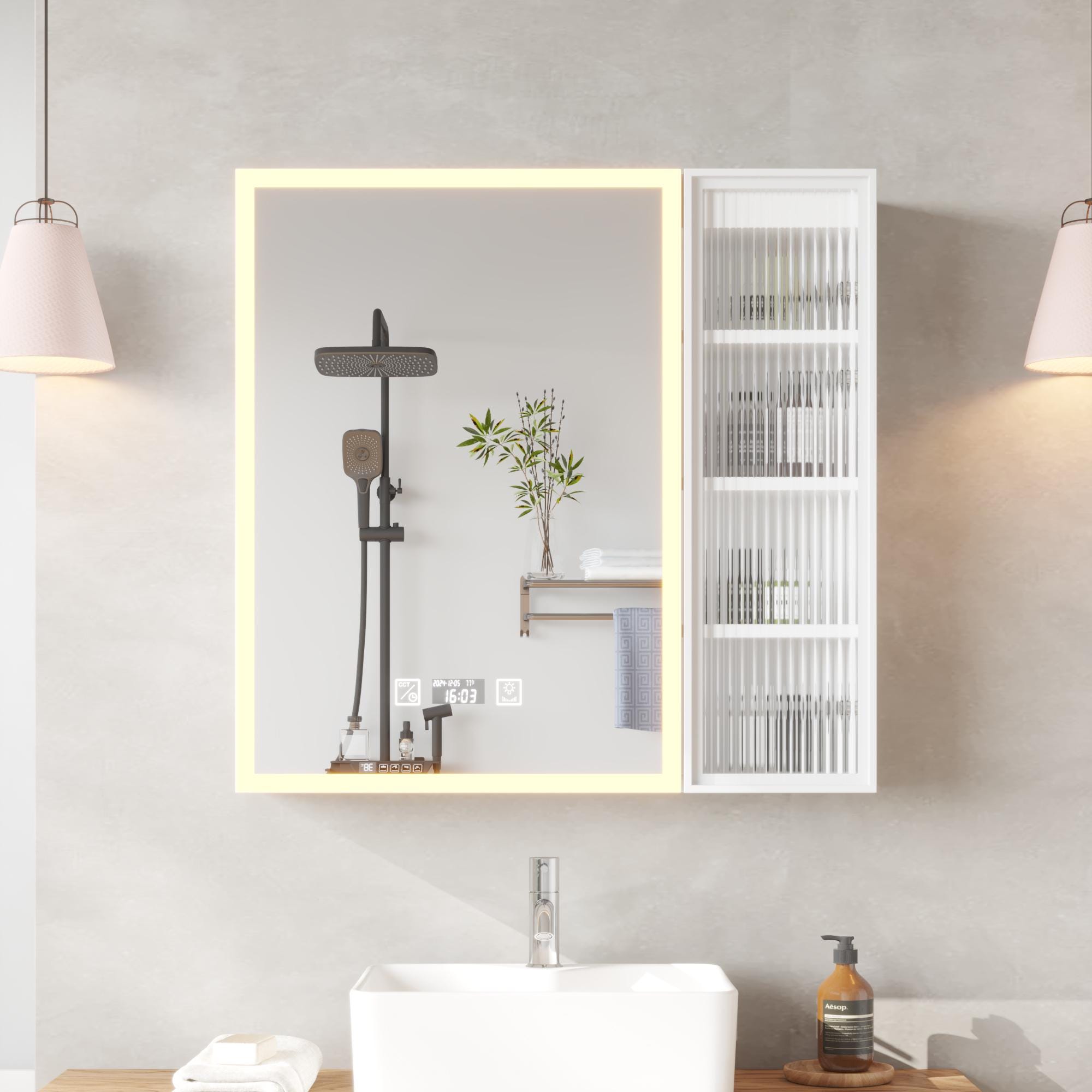 White LED Mirror Cabinet with Time & Temp Display | Wall Storage Cabinet w/ USB Ports, 3-Tone Light, Glass Doors, Bathroom Vanity