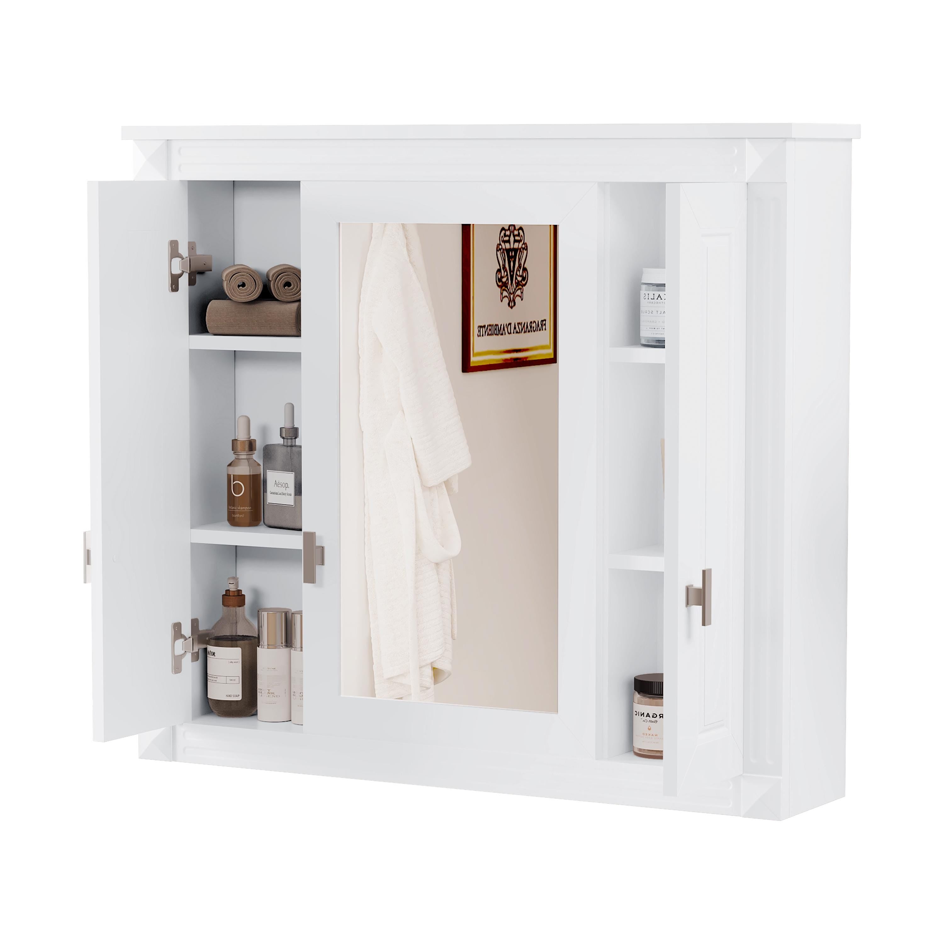 Bathroom Wall Cabinet with Mirror | White Wall Mounted Medicine Cabinet 5 Shelves Over Toilet Storage Organizer Modern MDF