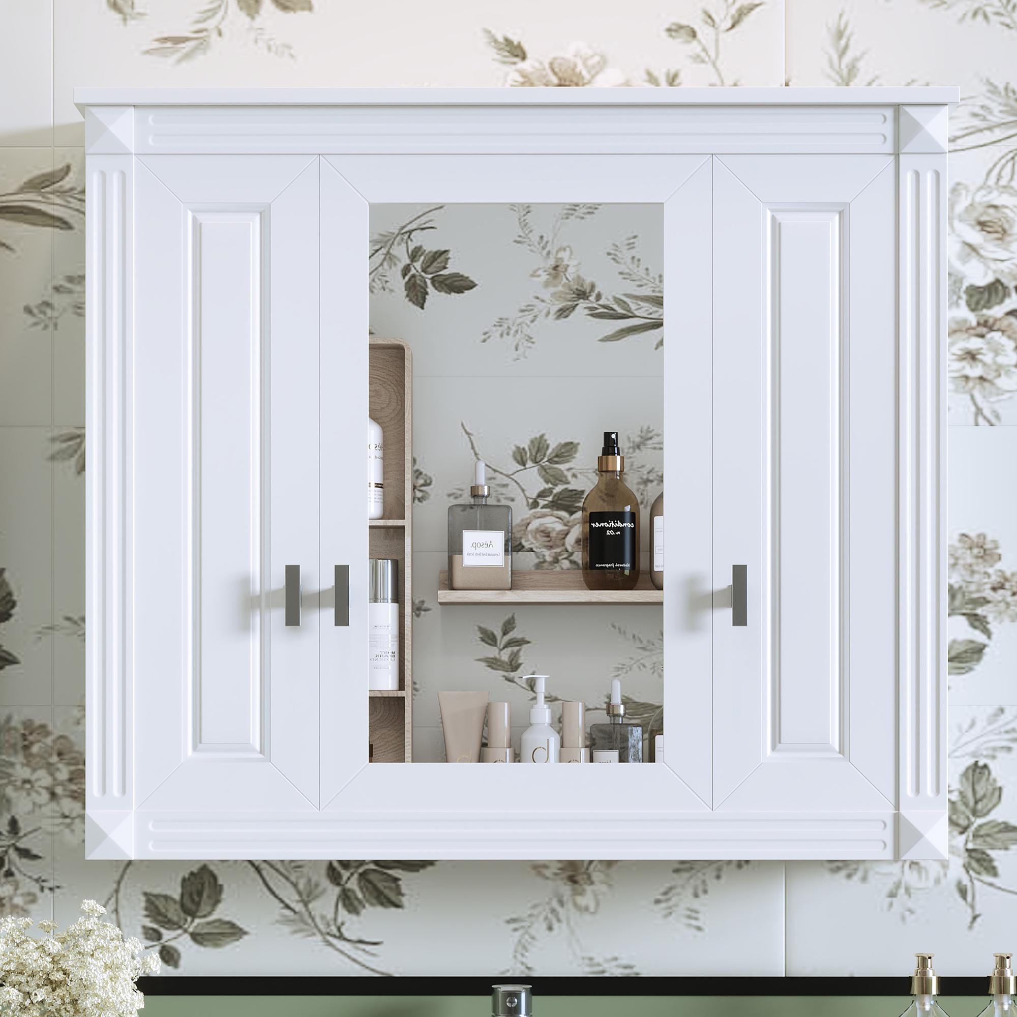 Bathroom Wall Cabinet with Mirror | White Wall Mounted Medicine Cabinet 5 Shelves Over Toilet Storage Organizer Modern MDF