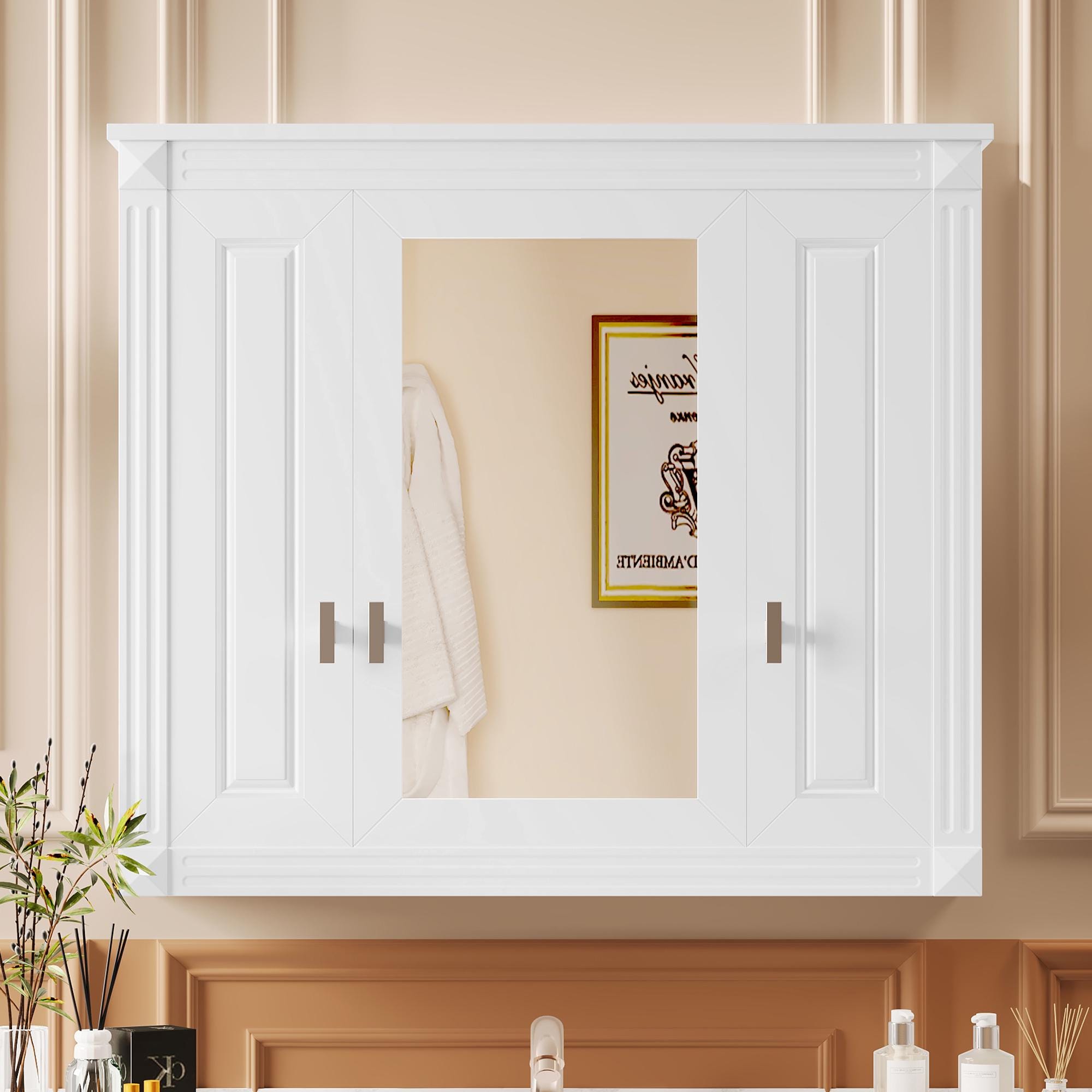 Bathroom Wall Cabinet with Mirror | White Wall Mounted Medicine Cabinet 5 Shelves Over Toilet Storage Organizer Modern MDF