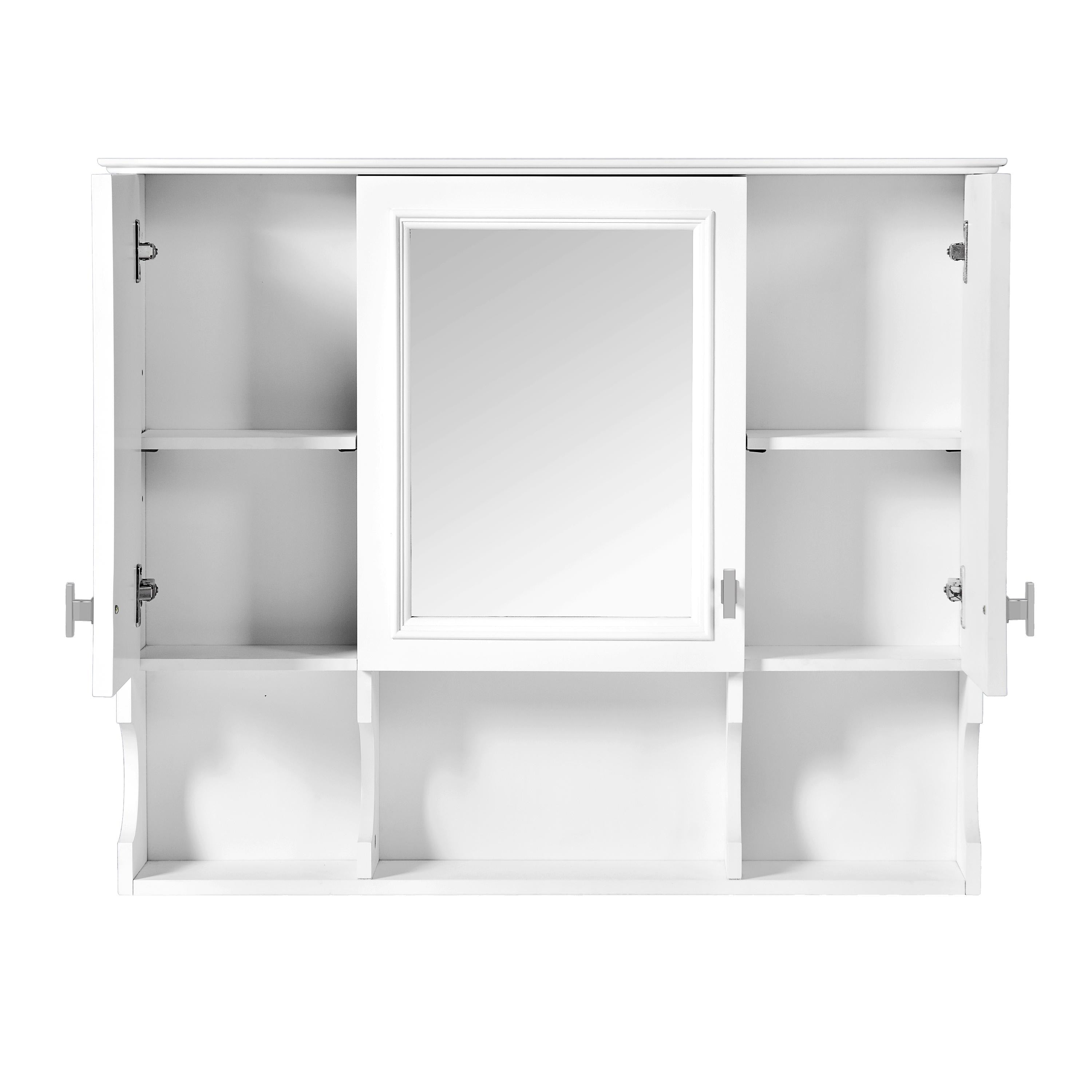 35x28 Wall Mounted Bathroom Medicine Cabinet with Mirror & Open Shelves | White MDF Modern Vanity Mirror Cabinet Storage Organizer