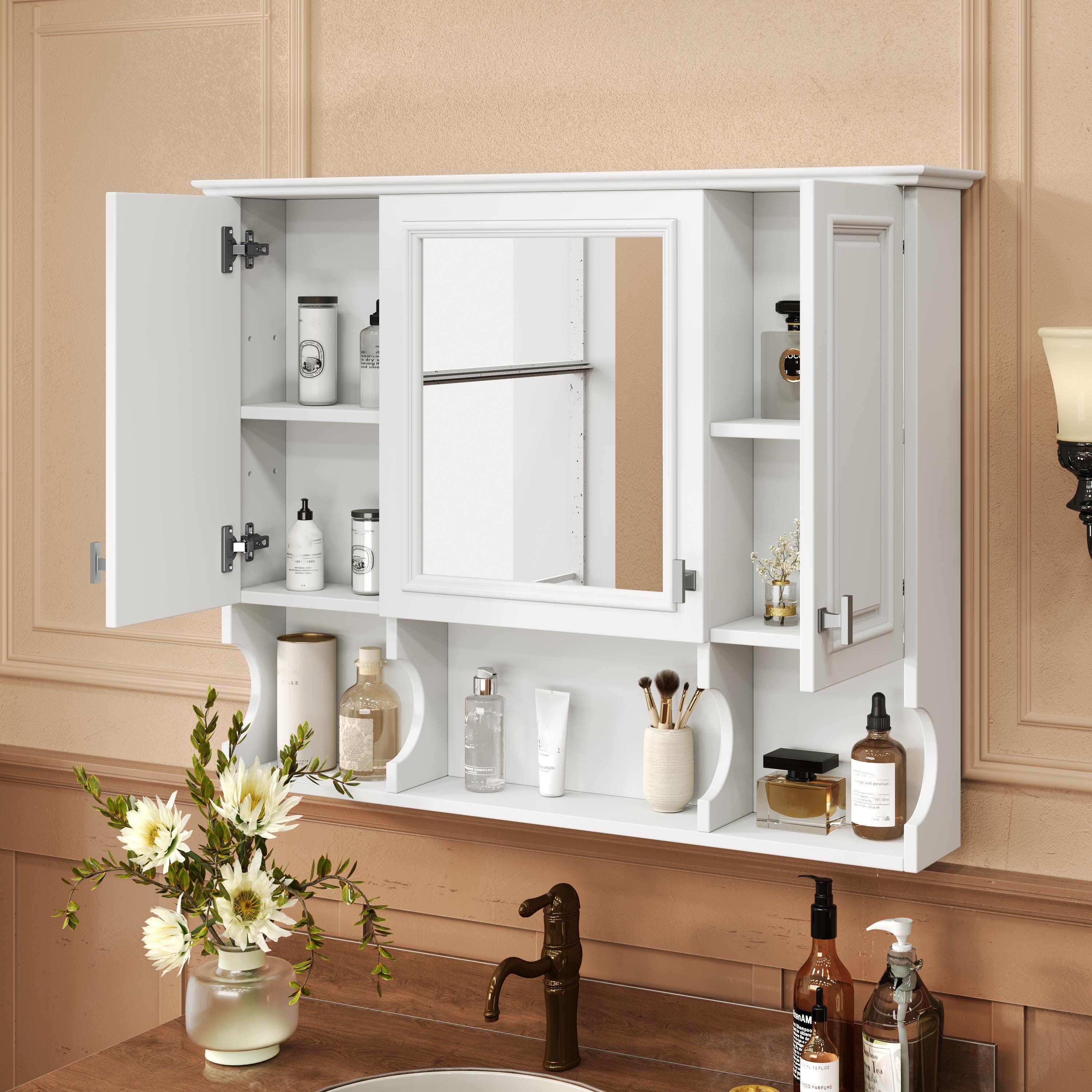 35x28 Wall Mounted Bathroom Medicine Cabinet with Mirror & Open Shelves | White MDF Modern Vanity Mirror Cabinet Storage Organizer