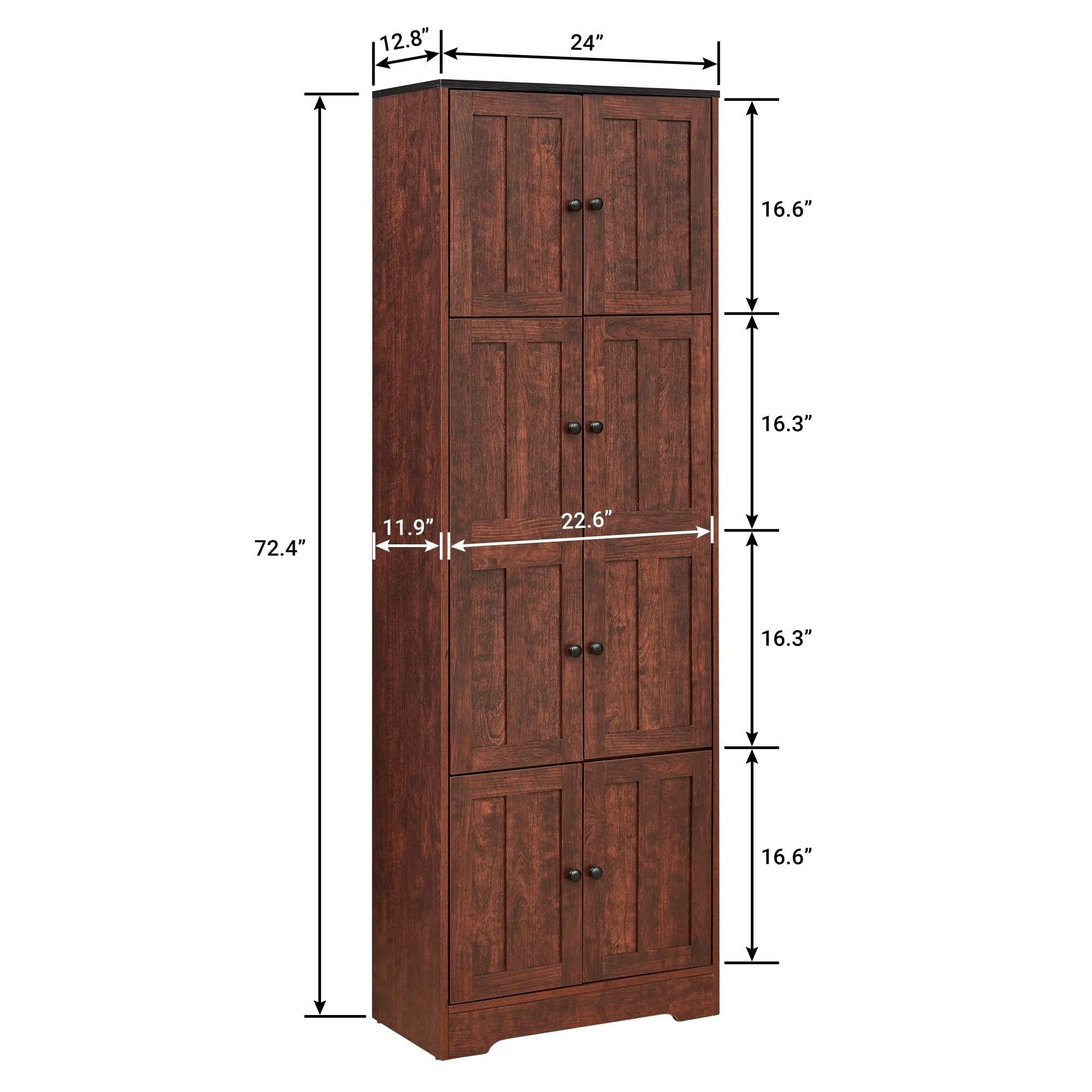 Tall Storage Cabinet 8 Doors 4 Shelves | Walnut Wood Pantry Organizer for Living Room Kitchen Office Bathroom Bedroom Furniture