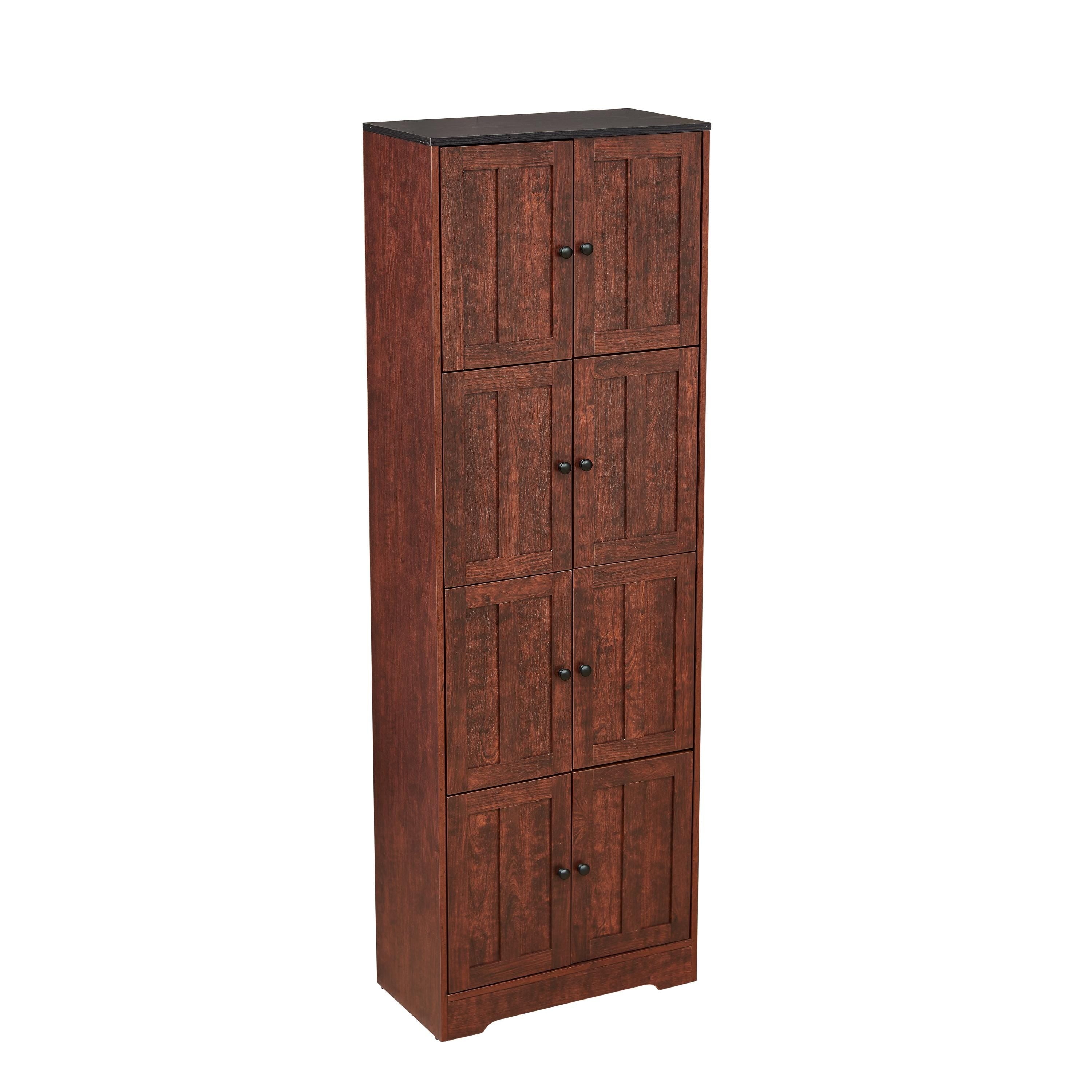 Tall Storage Cabinet 8 Doors 4 Shelves | Walnut Wood Pantry Organizer for Living Room Kitchen Office Bathroom Bedroom Furniture