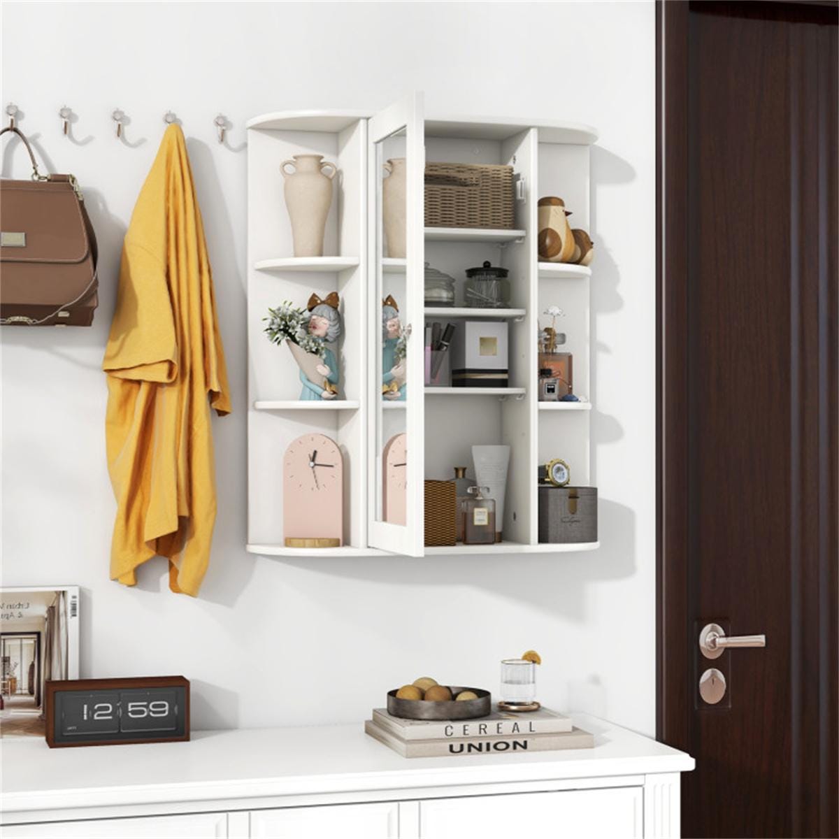 White Wall-Mounted Bathroom Cabinet with Mirror & Adjustable Shelves | Space-Saving MDF Storage Organizer for Toiletries