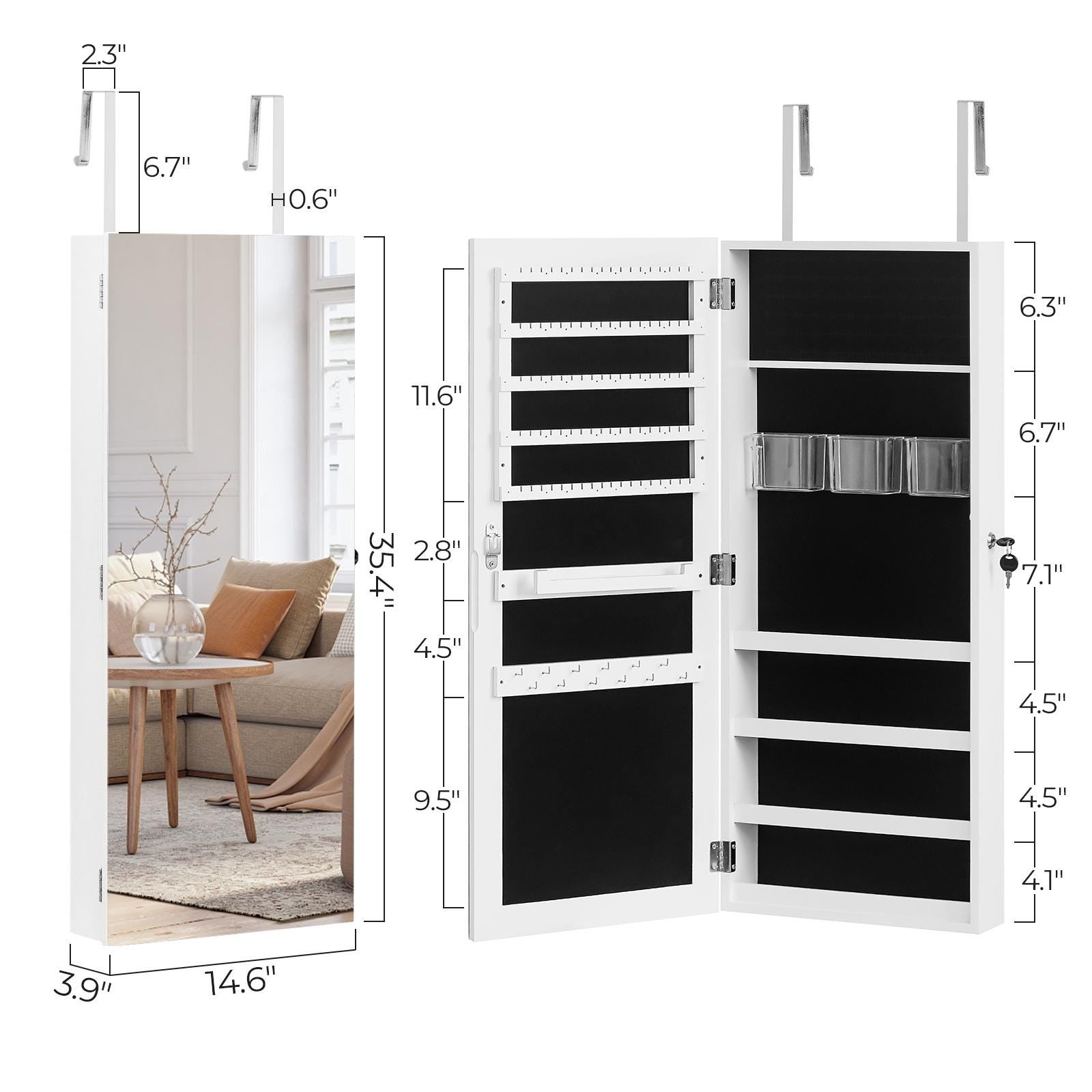 Wall Hanging Jewelry Mirror Cabinet with Lock | Full-Length PVC Film Door Jewelry Organizer, Velvet Lining & Hooks for Women