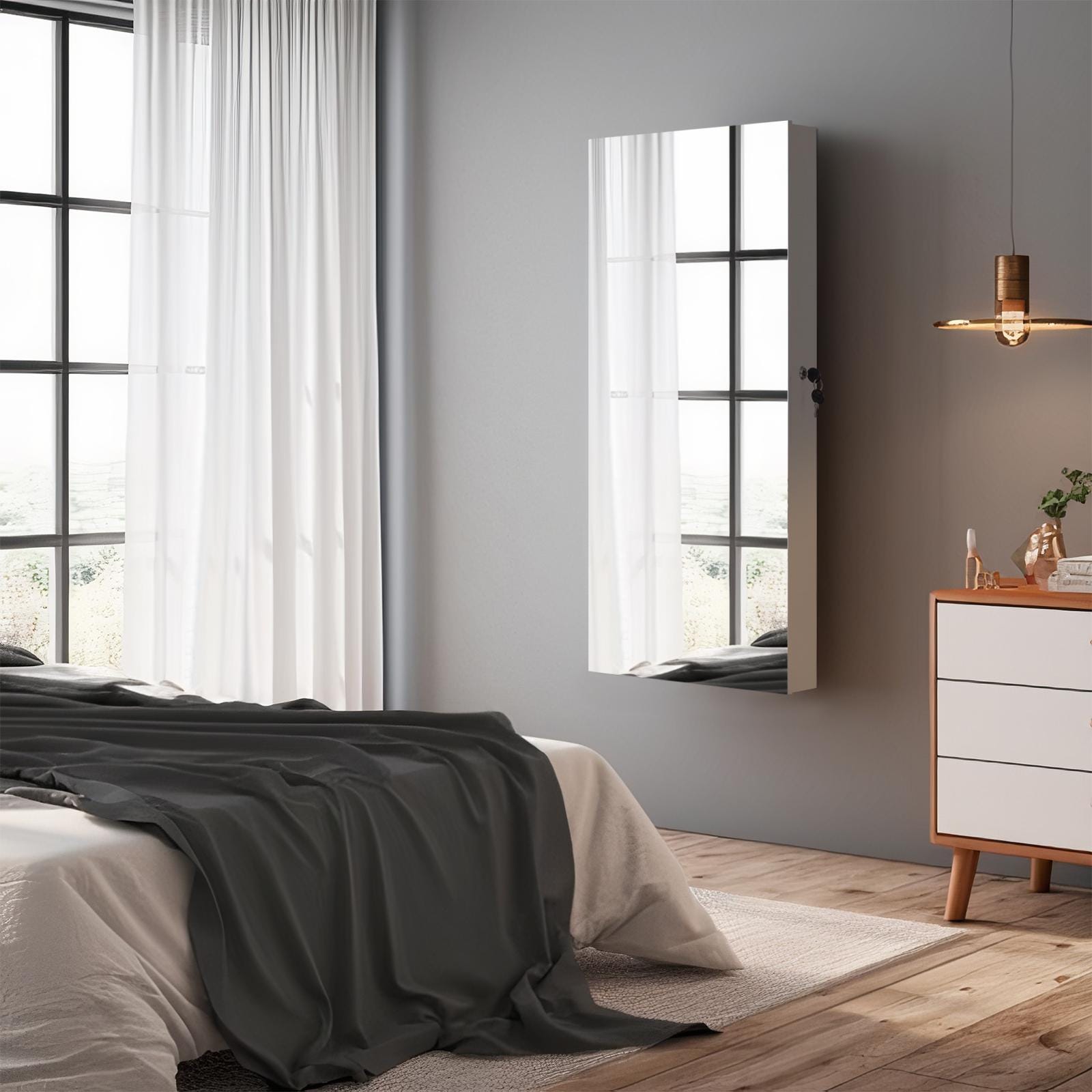 Wall Hanging Jewelry Mirror Cabinet with Lock | Full-Length PVC Film Door Jewelry Organizer, Velvet Lining & Hooks for Women