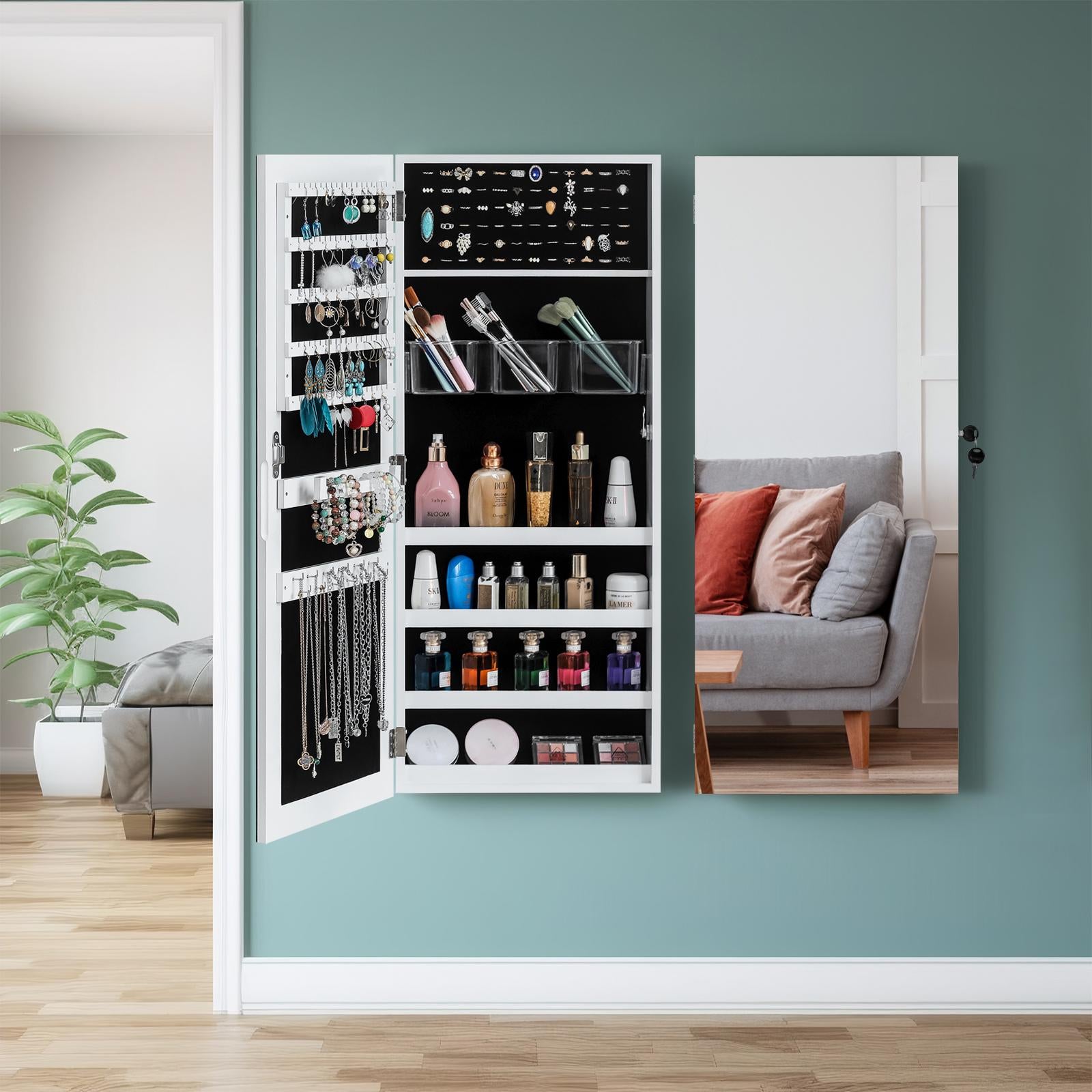 Wall Hanging Jewelry Mirror Cabinet with Lock | Full-Length PVC Film Door Jewelry Organizer, Velvet Lining & Hooks for Women