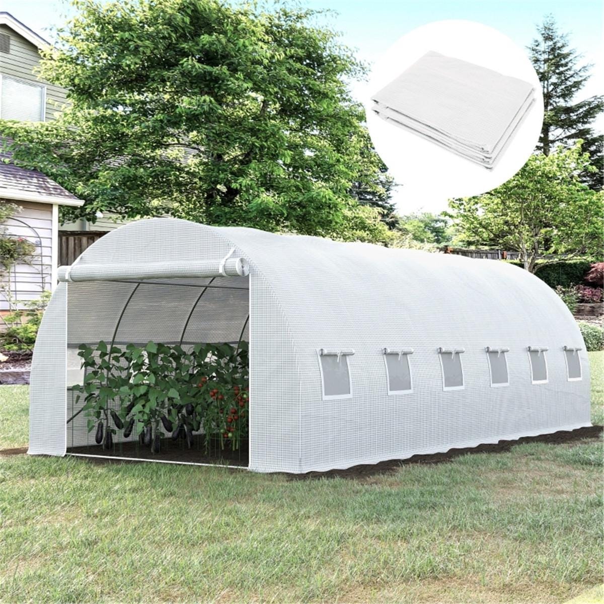 Greenhouse Cover Replacement | Waterproof PE Plastic Tunnel Tarp, Roll-Up Door, Reinforced Grid, Frost & Hail Protection