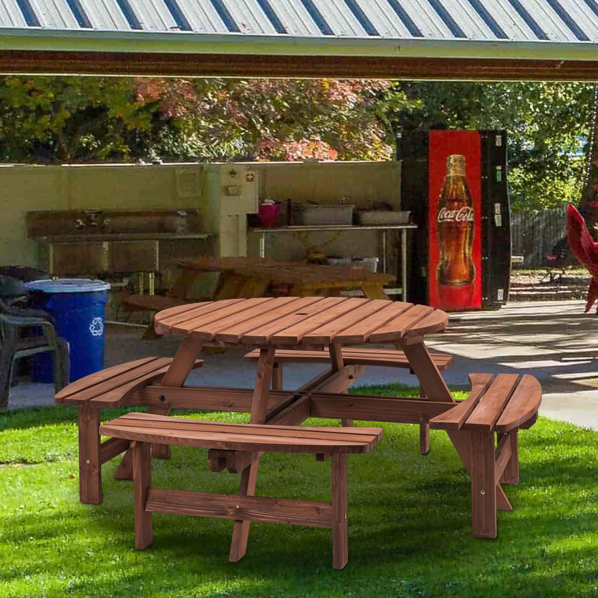 8-Person Outdoor Circular Wooden Picnic Table with 4 Built-In Benches | Patio Backyard Garden Dining Table Brown