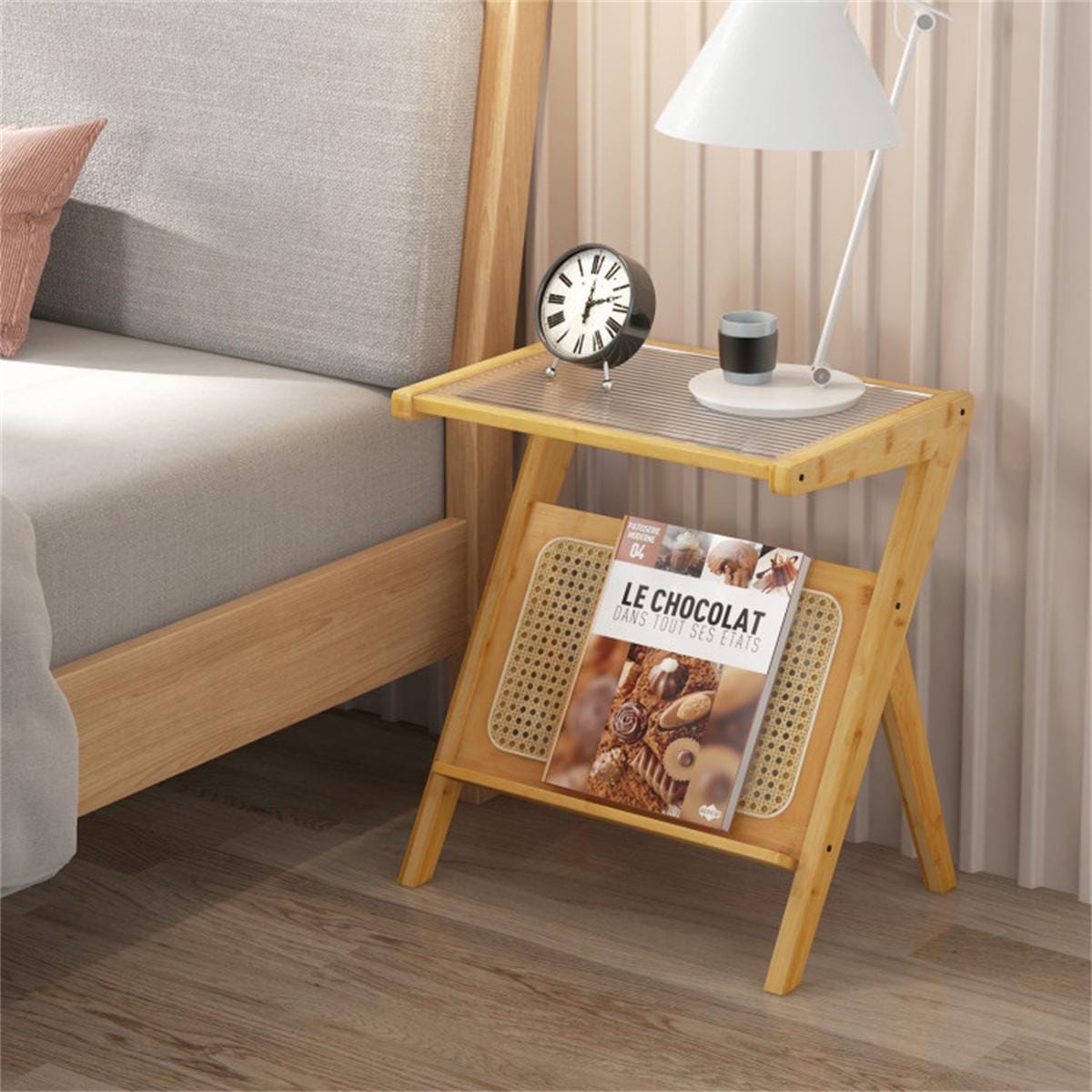 Modern Bamboo Z-Shape Side Table with Glass Top & Rattan Shelf | Small Sofa End Table | Boho Bedside Nightstand for Living Room