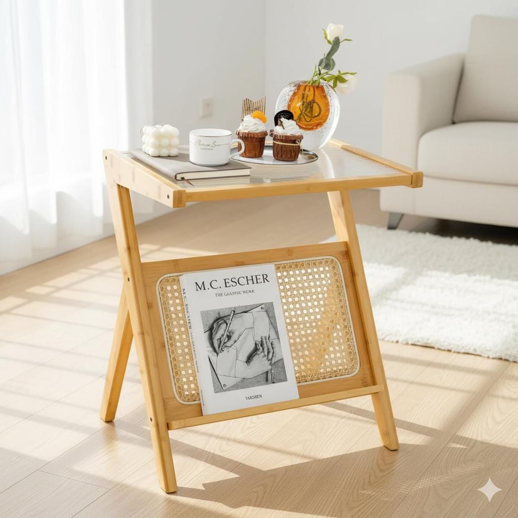 Modern Bamboo Z-Shape Side Table with Glass Top & Rattan Shelf | Small Sofa End Table | Boho Bedside Nightstand for Living Room