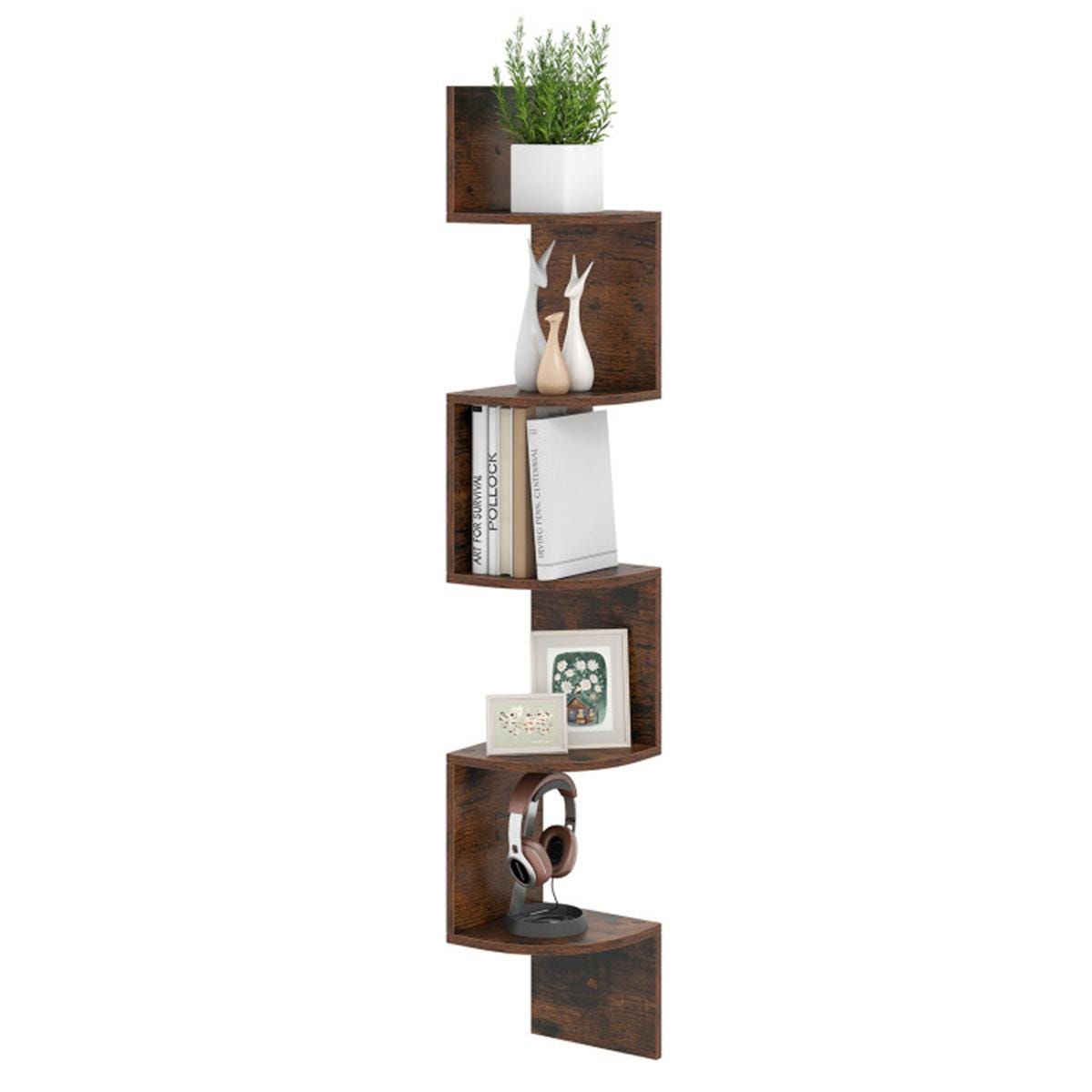 5-Tier Wall Mounted Corner Shelf Rustic Brown | Floating Bookshelf Organizer for Living Room, Bedroom, Kitchen, Office Storage