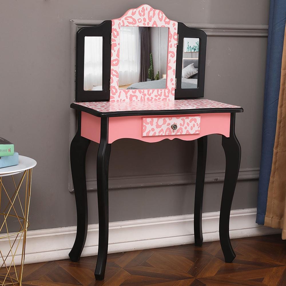 Red Leopard Print Kids Vanity Table with Tri-Fold Mirror
