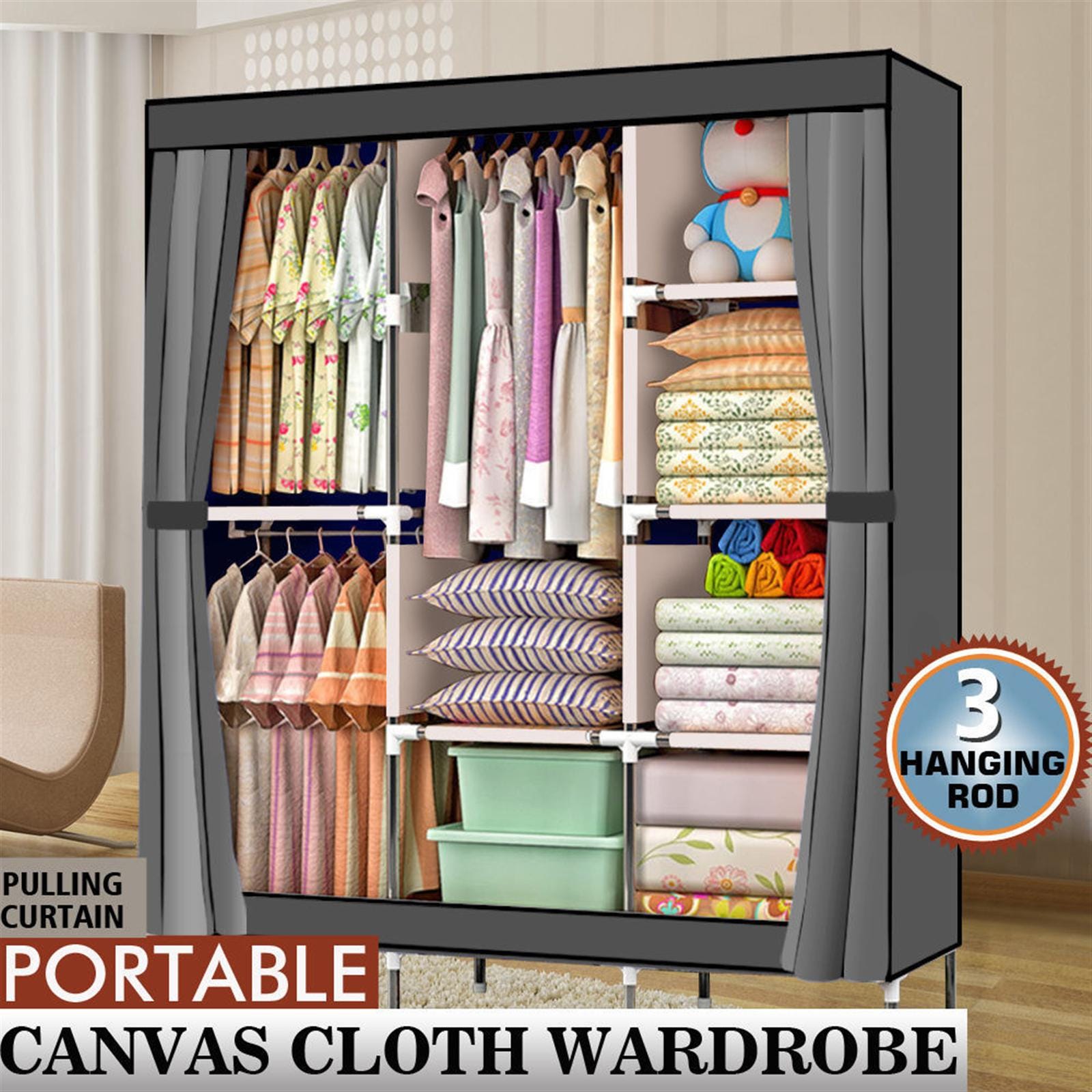 71" Portable Closet Wardrobe Organizer with Shelves, Gray Fabric Clothes Storage Rack
