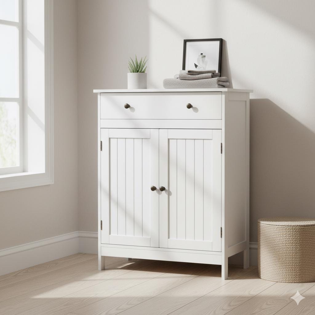 White 100-Page Double Door Cabinet with Drawer, Waterproof MDF Bathroom, Dining, and Porch Storage Cabinet