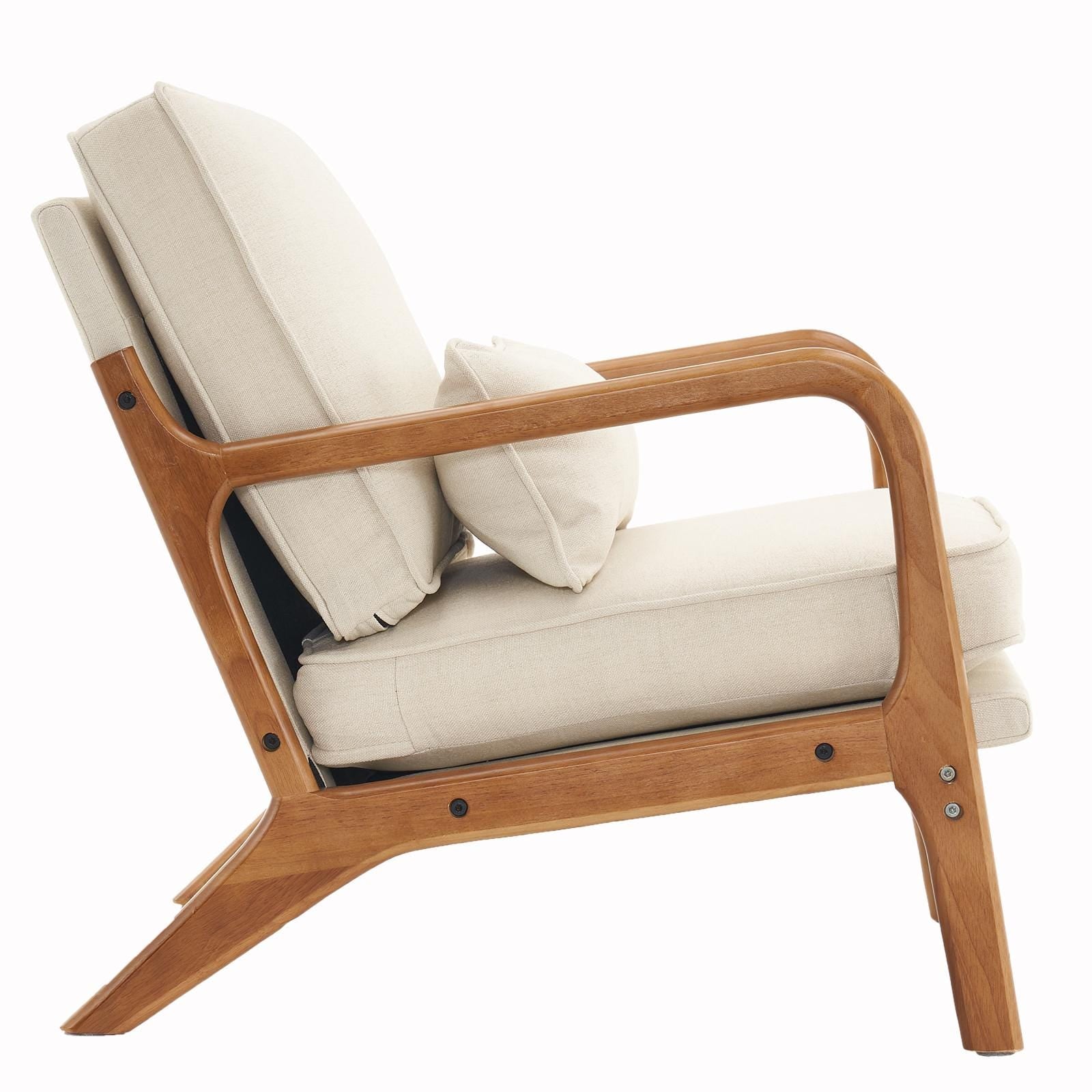 Off-White Linen Lounge Chair, Oak Armrest, Mid-Century Modern Accent