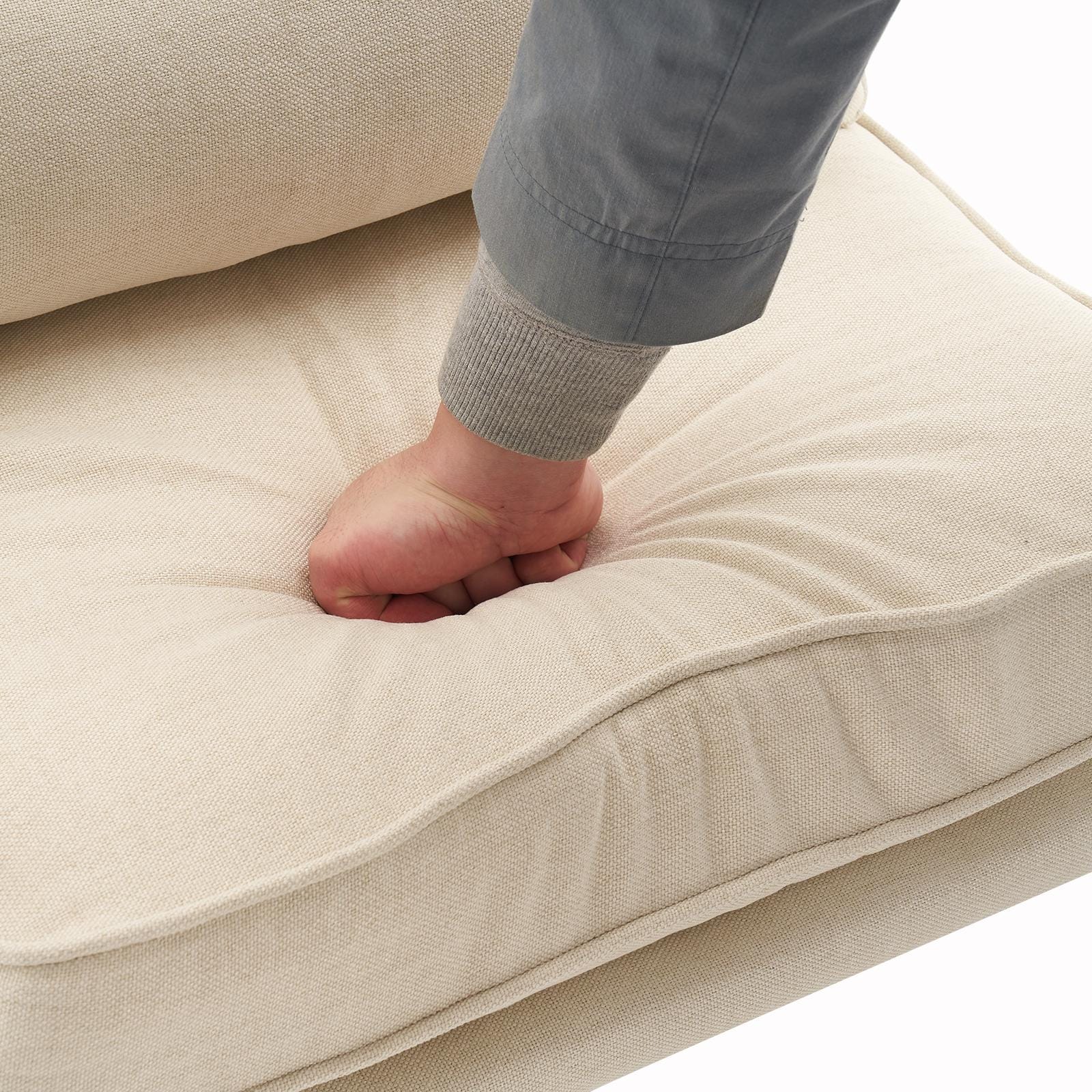 Off-White Linen Lounge Chair, Oak Armrest, Mid-Century Modern Accent