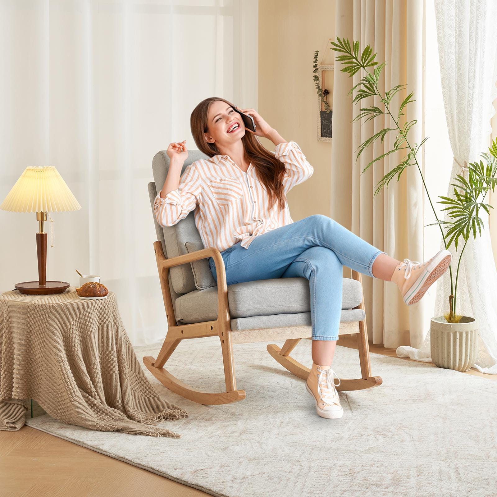 High Back Light Gray Rocking Chair with Solid Wood Armrest, Iron Frame, Linen Upholstered Seat, Dual-Use Indoor Armchair with Lumbar Pillow