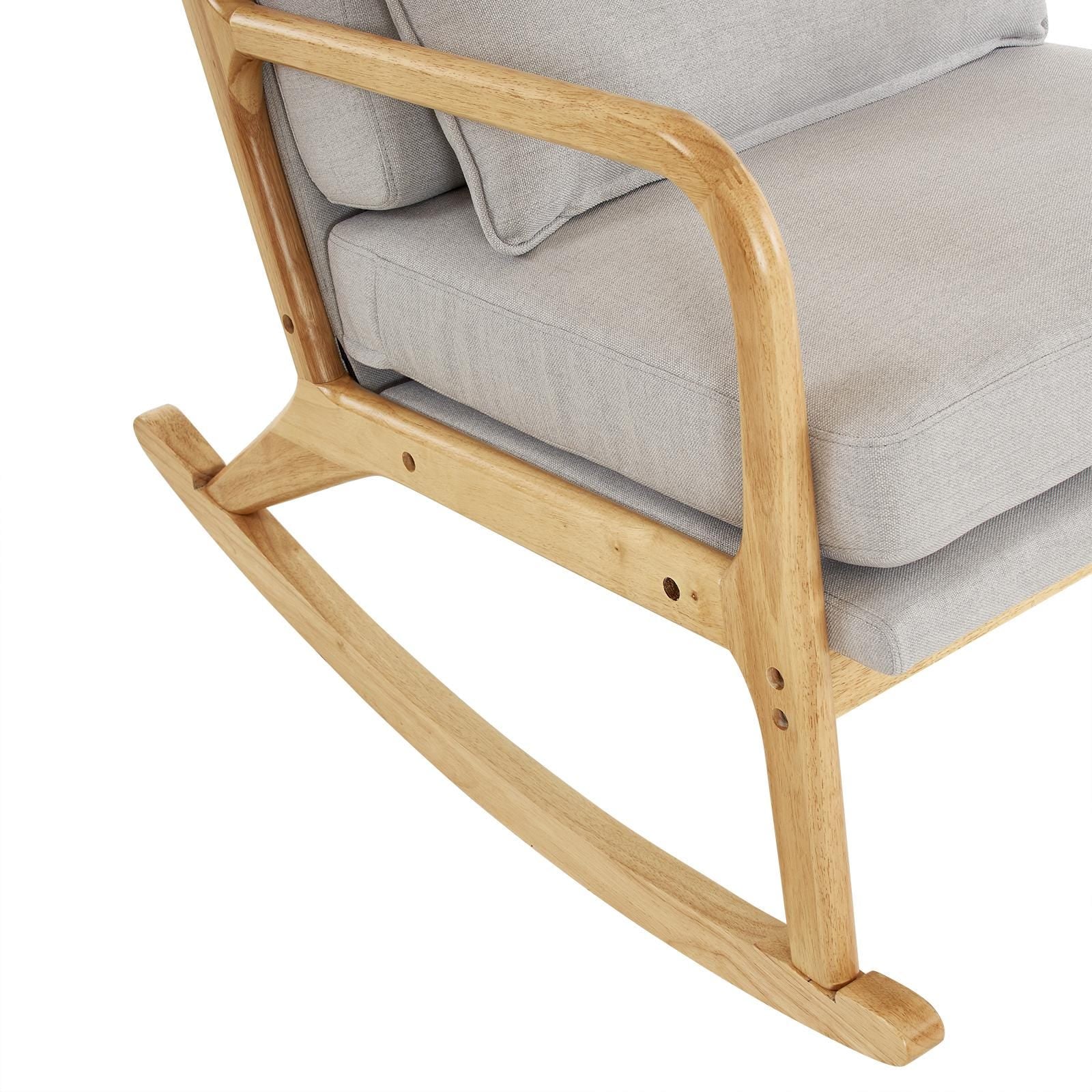 High Back Light Gray Rocking Chair with Solid Wood Armrest, Iron Frame, Linen Upholstered Seat, Dual-Use Indoor Armchair with Lumbar Pillow